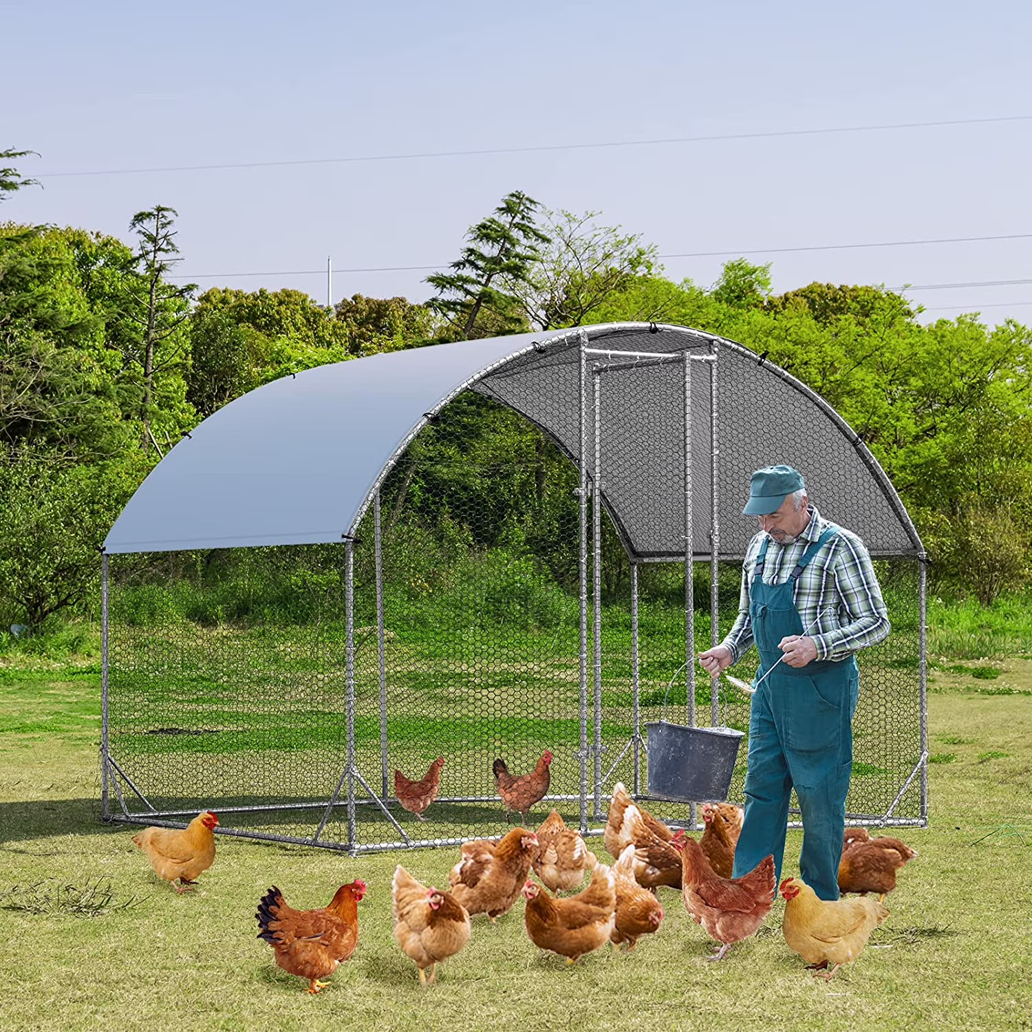 Large Metal Chicken Coops, Outdoor Duck Walk-in Run Poultry Cage, Hen House Yard Habitat Cage with Waterproof Cover Spire Shaped Coop, 9.8' L x 6.6' W x 6.6' H
