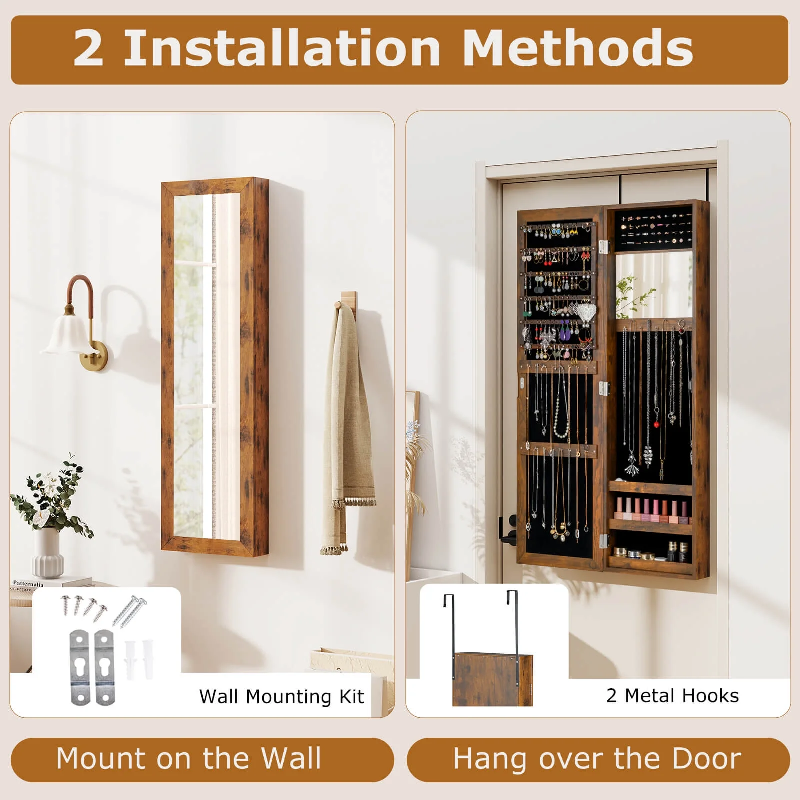 Costway Wall Door Mounted Mirrored Jewelry Cabinet Storage Organizer-Black