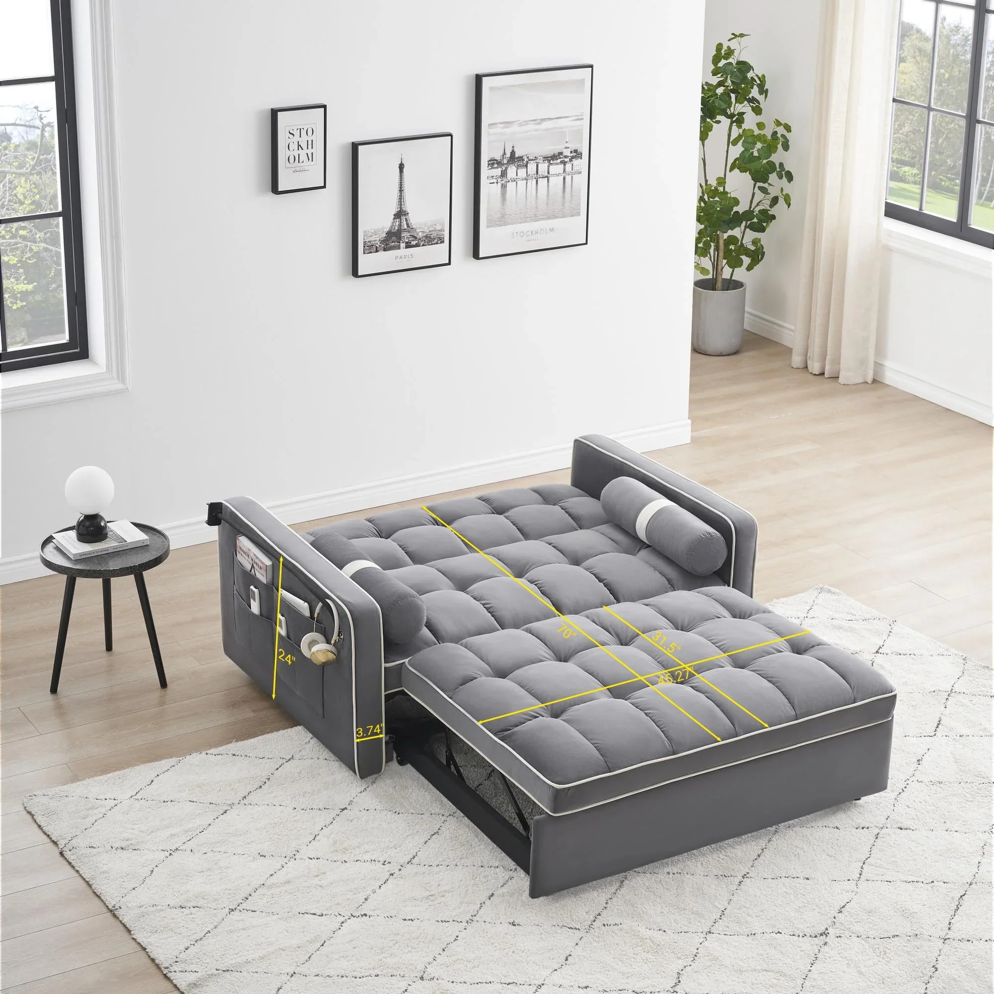 3 in 1 Sleeper Sofa Couch Bed,Small Tufted Velvet Convertible Loveseat Futon Sofa w/Pullout Bed,Adjustable Backrest,Cylinder Pillows,Multi-Pockets,Phone Holder for Living Room Apartment,Grey,55.5″