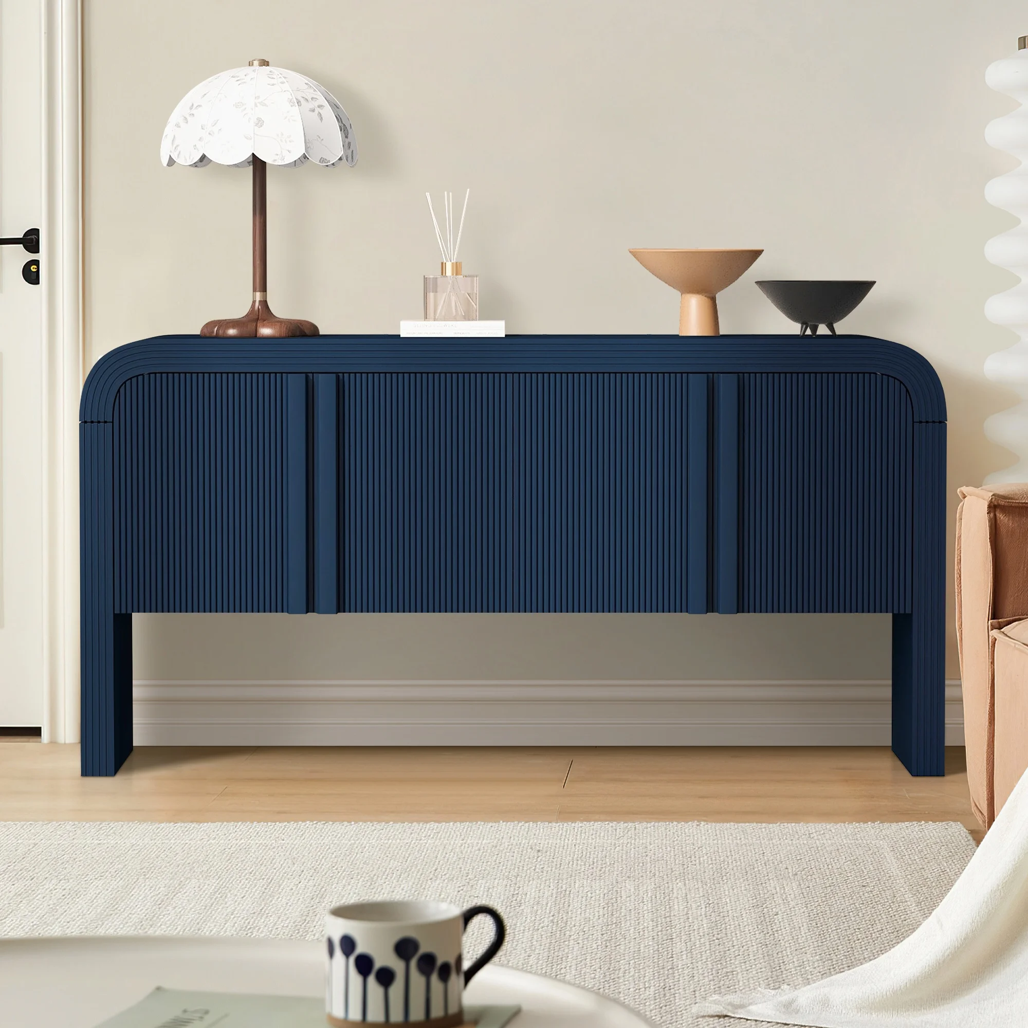 Accent Cabinet with 4 Doors, TUANLUO Buffet Cabinet with Adjustable Shelves, Wood Storage Cabinet, Modern Accent Cabinet Furniture for Hallway Entryway Living Room, 59"L x 15.7"W x 33.2"H, Blue