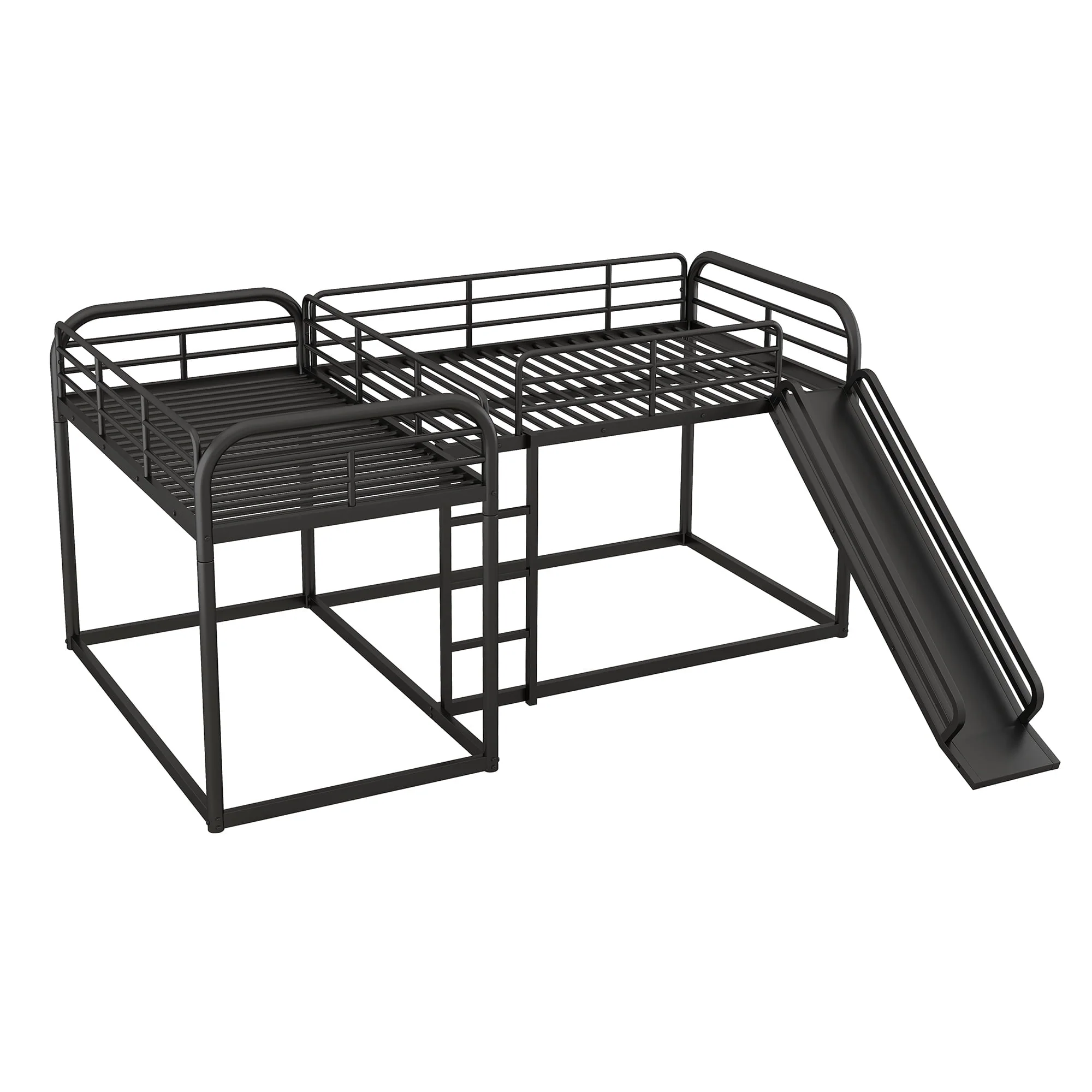 Full and Twin Size L - Shaped Quadruple Metal Bunk Bed with Slide for Kids, Black