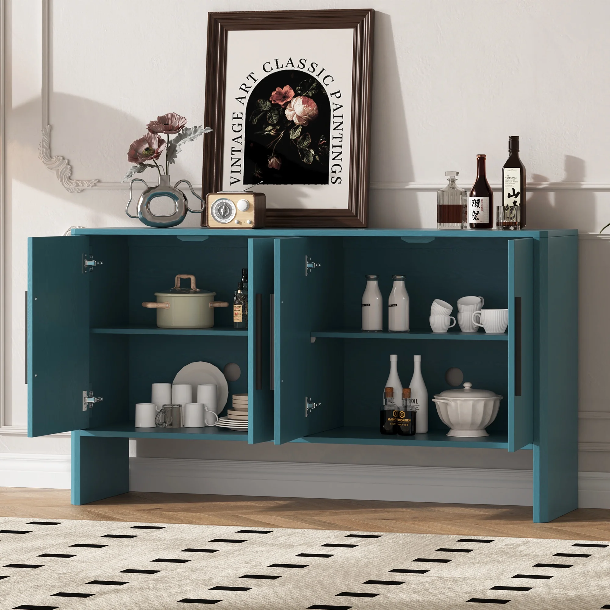Accent Cabinet with 4 Doors, TUANLUO Buffet Cabinet with Adjustable Shelves, Wood Storage Cabinet, Modern Accent Cabinet Furniture for Hallway Entryway Living Room, 59"L x 15.7"W x 33.2"H, Blue