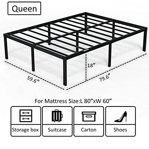 EMODA Queen Bed Frame No Box Spring Needed 18 Inch Heavy Duty Metal Tall Platform Bed Frame