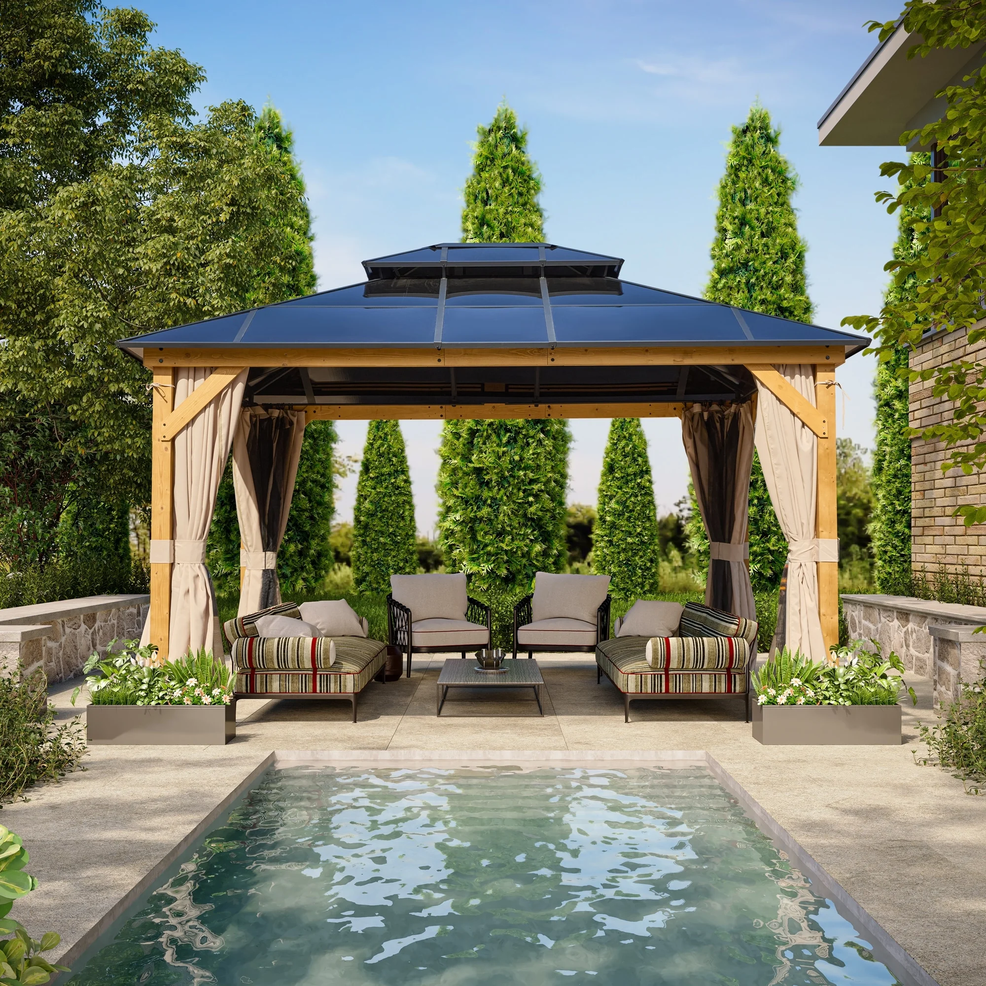 Erommy 10' x 13' Double Roof Hardtop Gazebo, Aluminum Frame Polycarbonate Roof