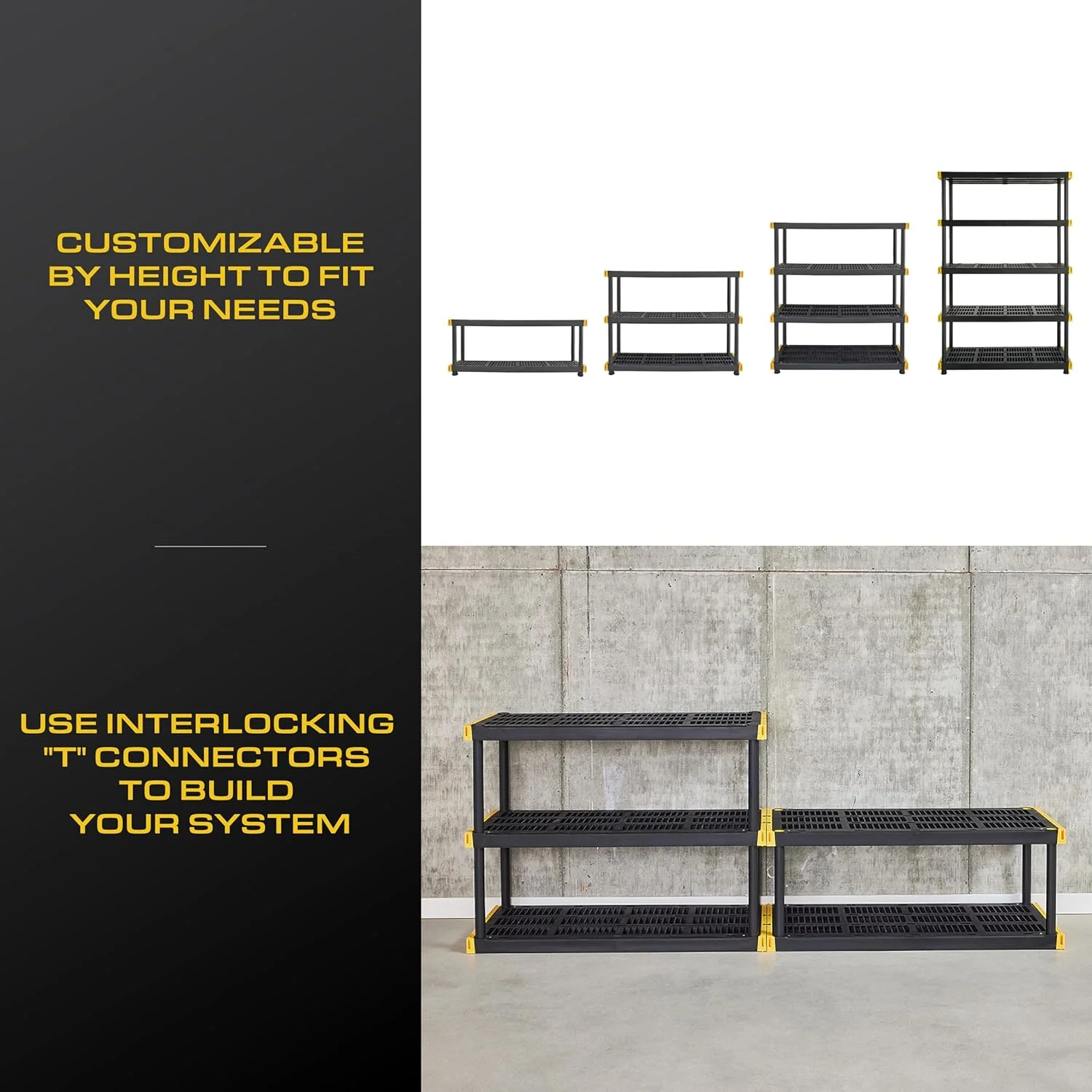 Black & Yellow, 5-Tier Heavy Duty Plastic Storage Shelving Unit, 200lbs/shelf (72H x 48W x 20D), for Indoor/Outdoor Organization, Modular Rack