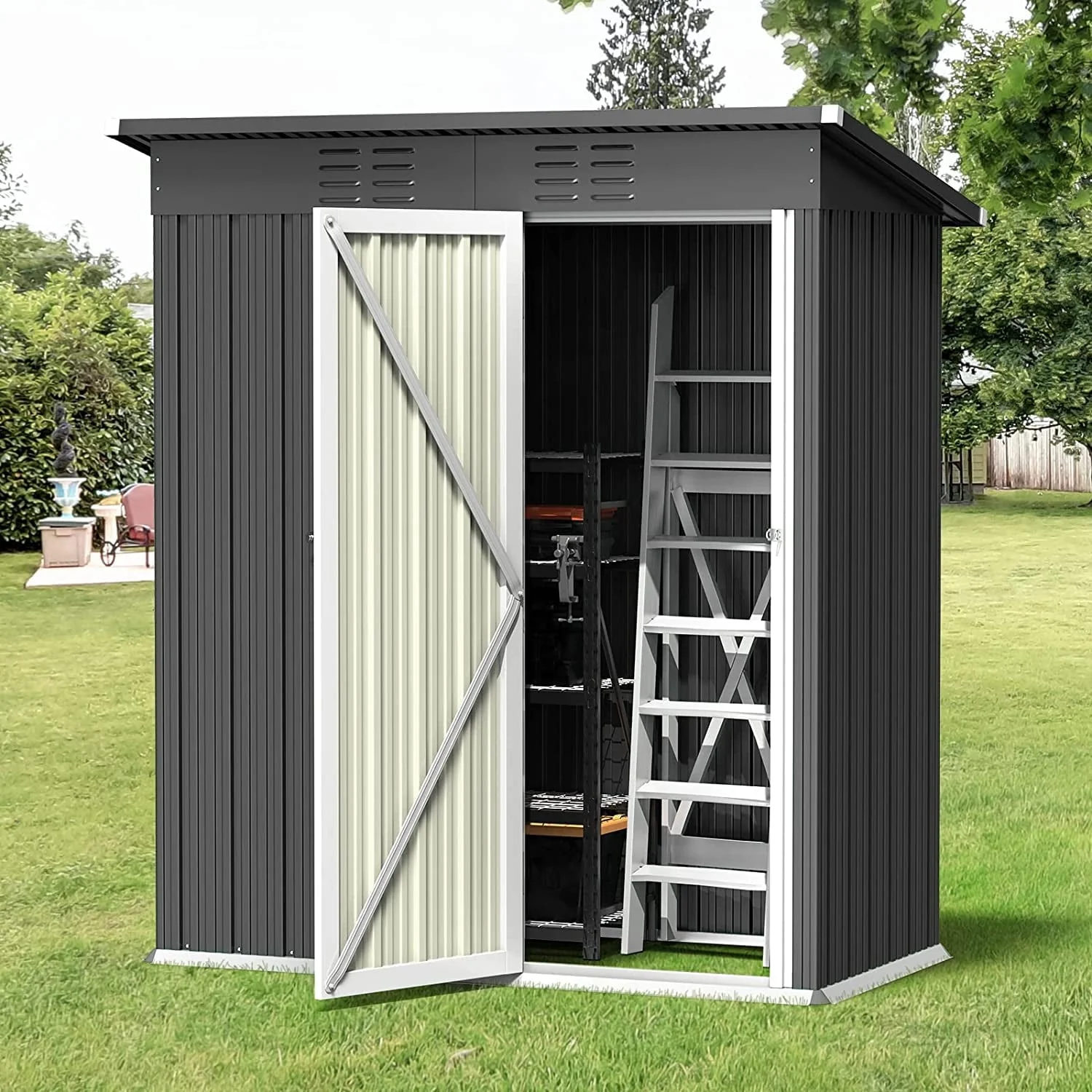 Aiho 5’x 3′ Metal Outdoor Storage Shed for Patio Lawn Garden – Gray
