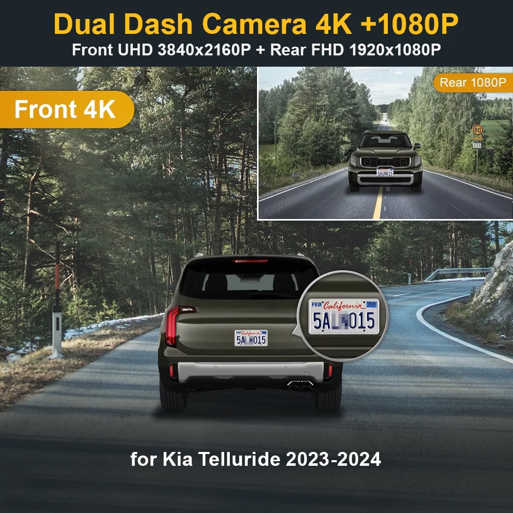 Fitcamx 4K Dual Dash Cam Suitable for Kia Telluride 2023 2024 S LX EX SX X-pro X-Line (Part NO#S9500), OEM Look, Built-in WiFi & APP, 128GB Card