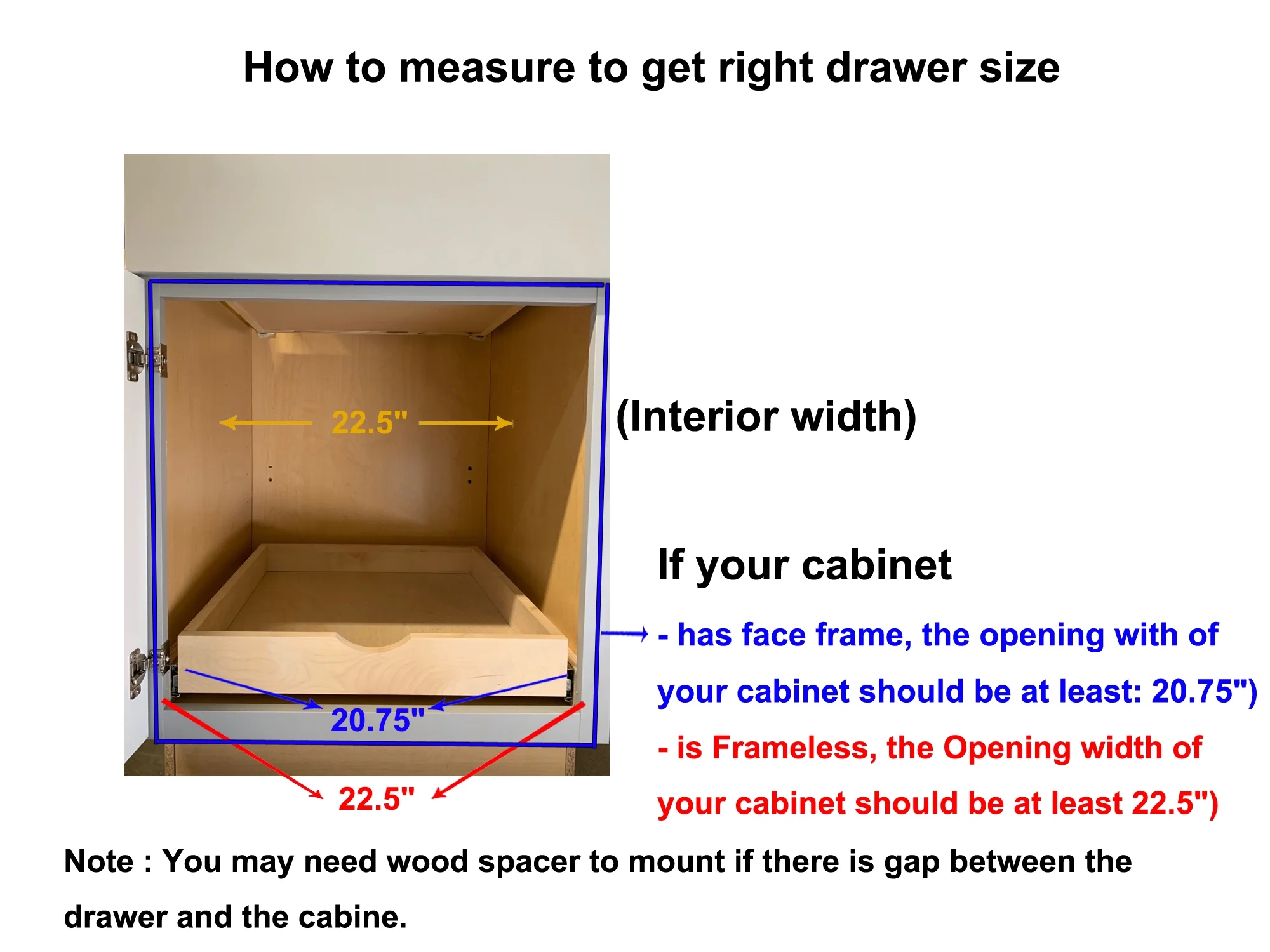 COUVER Bottom Mount Fully Assembled Slide Out Cabinet Shelf Pull-Out Wood Drawer Organizer 16.5"(W) x 21.25"(D) X 4"(H), Soft-Close Rail with Spacer(Easy to Install)