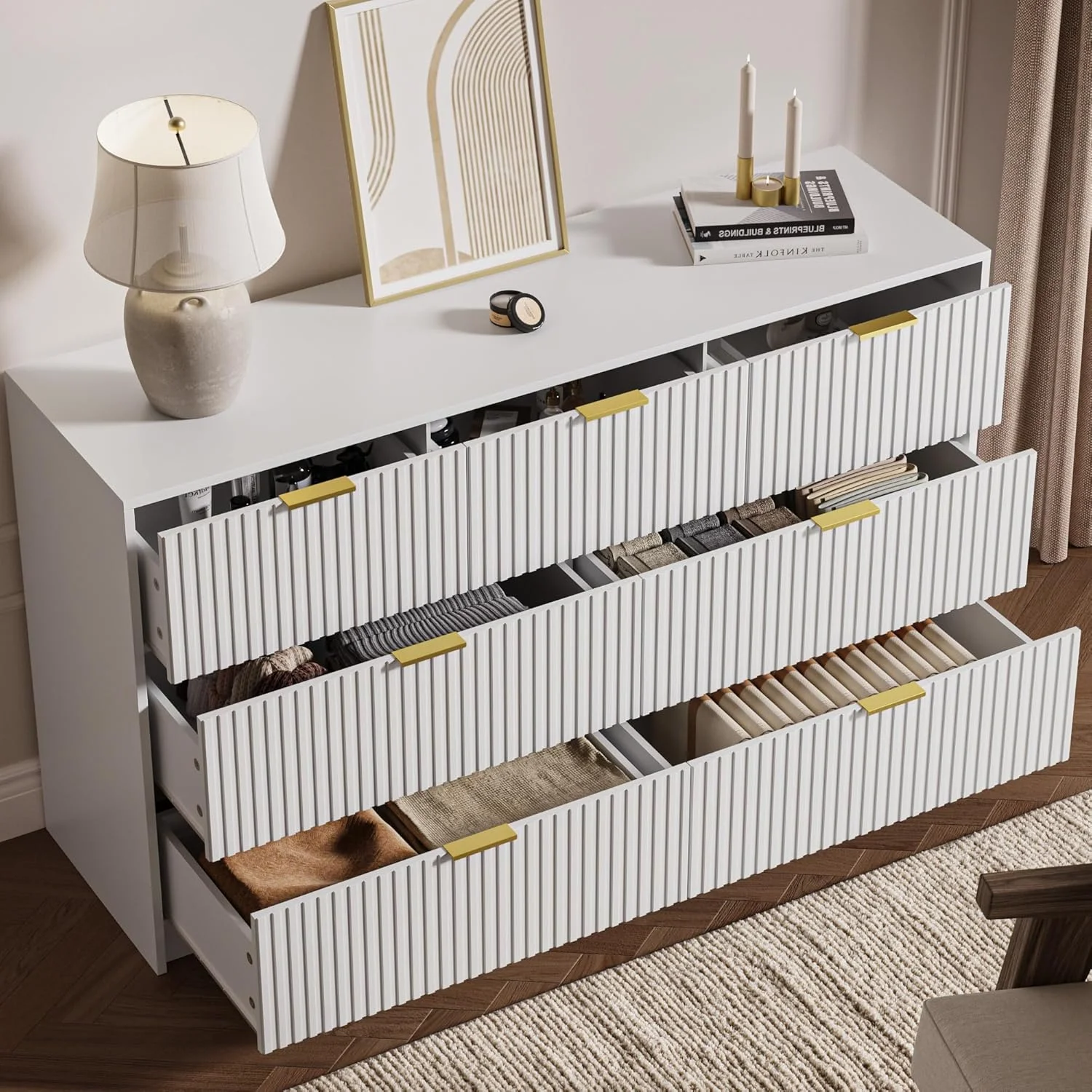 Furniway Black Dresser for Bedroom, 8 Drawer Double Dresser, Modern Chest of Drawers for Bedroom, Living Room, Entryway and Closet, 55" L x 15.7" D x 37.4" H