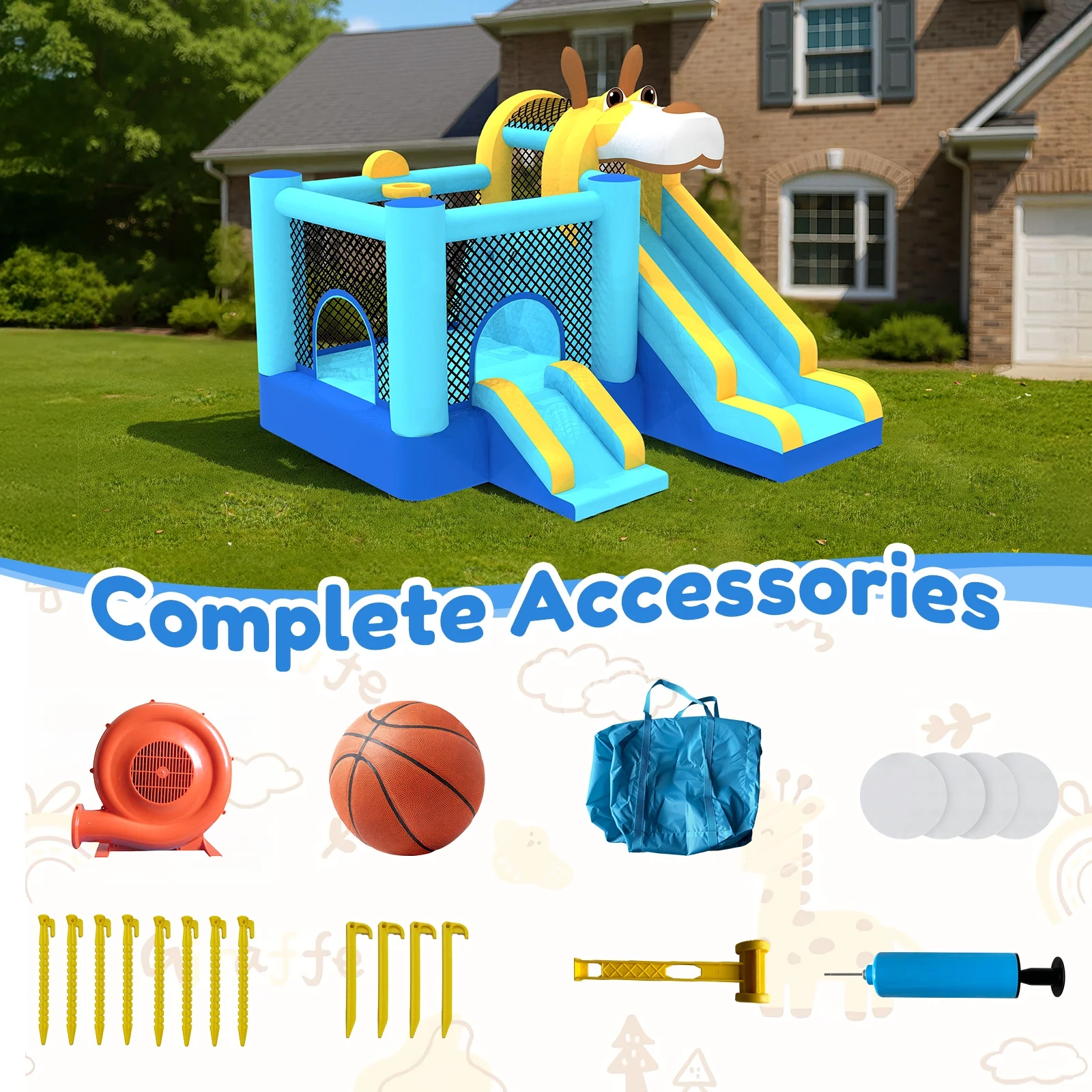 Mukidy 114''x 114'' x 92.5'' Inflatable Bounce Houses for Kids 3-10 with Blower Double Slide and Ball Pit/Indoor Bouncy House, PVC, Child, Teen, Toddler,Blue
