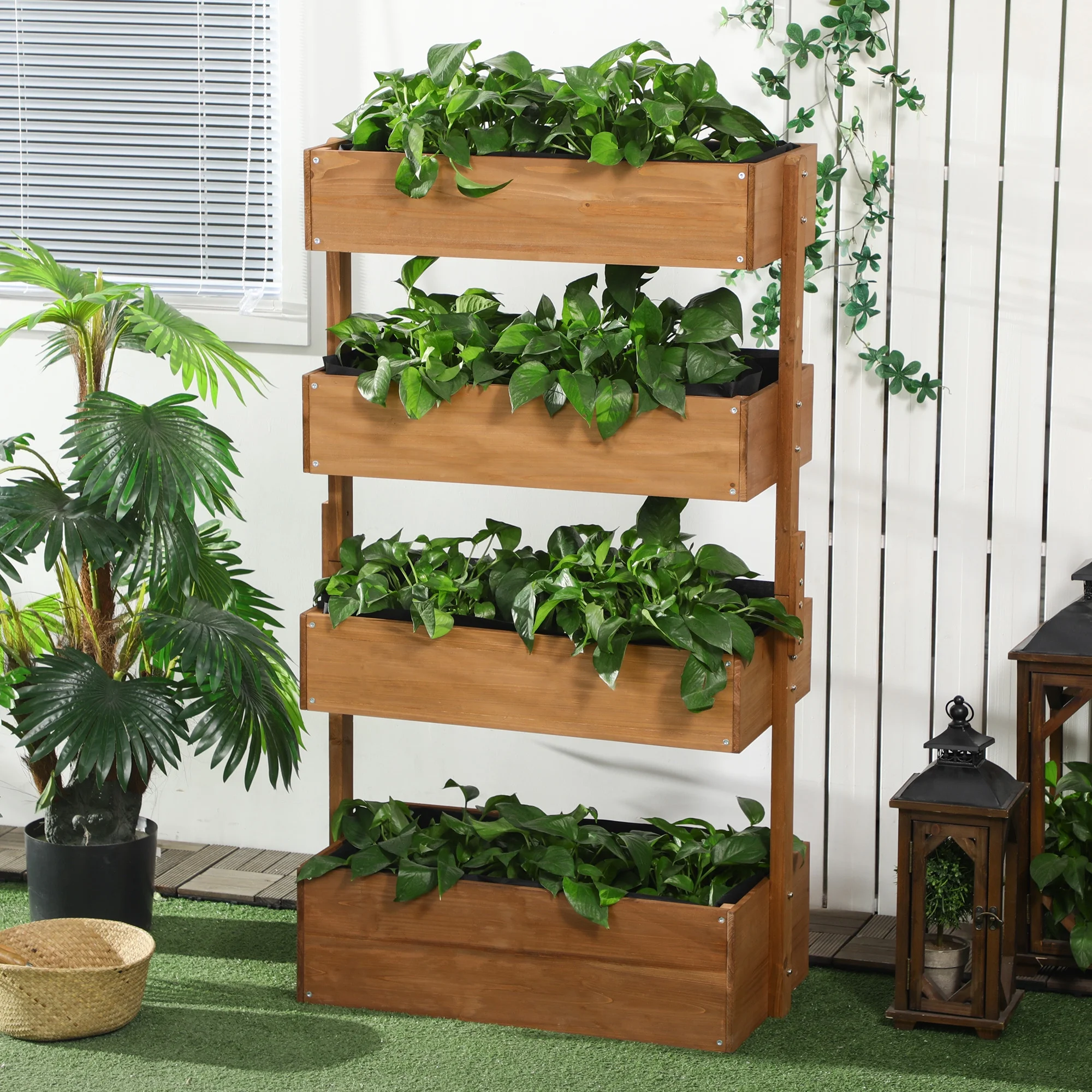 DUOSONG Outsunny Raised Garden Bed, 47" X 22" X 33", Elevated Wooden Planter Box W/ Lockable Wheels, Storage Shelf, And Bed Liner For Backyard, Patio, Natural Natural Wood Garden & Outdoor Garden