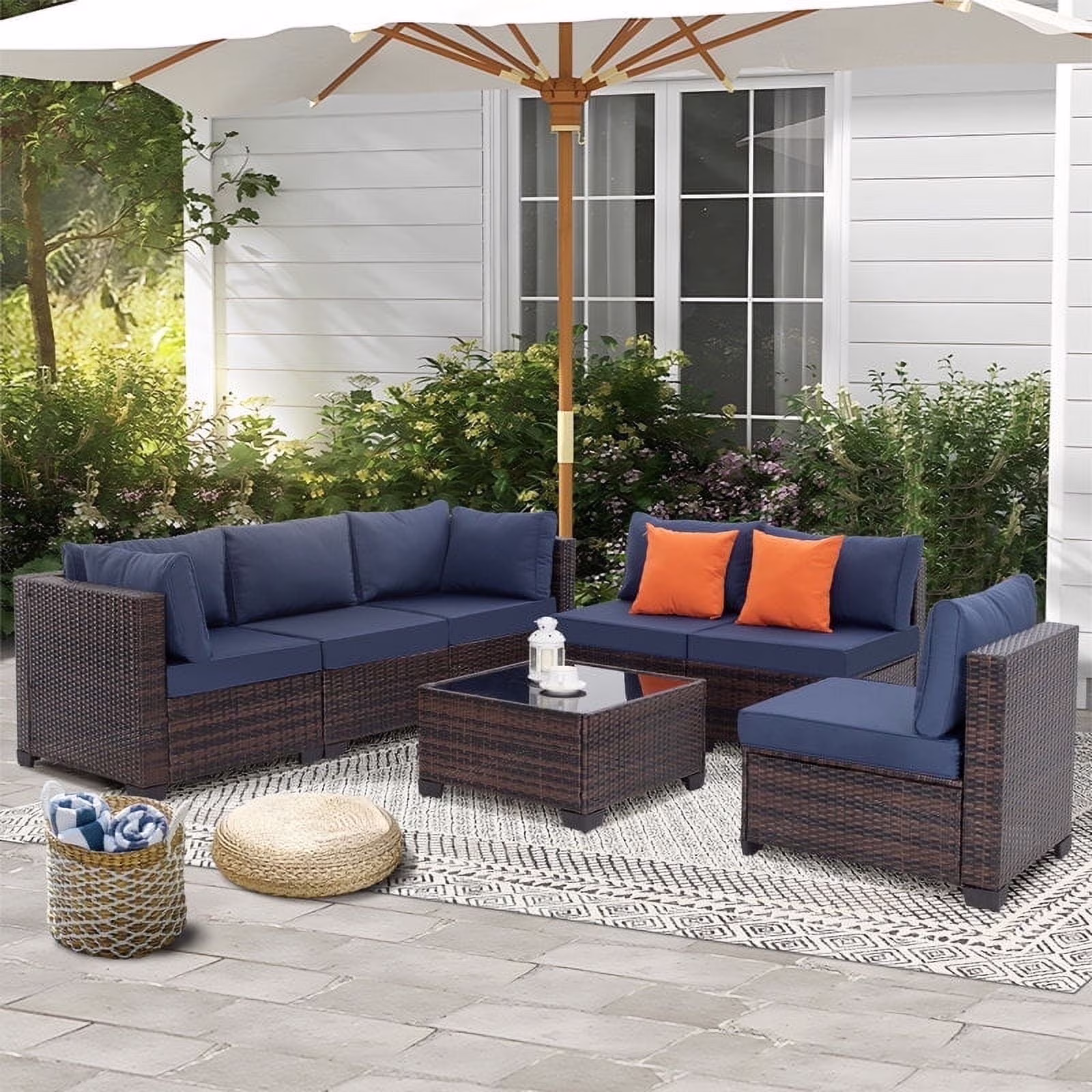 Ainfox 7 Pcs Outdoor Patio Furniture Sofa Set, Grey Rattan Grey Cushion