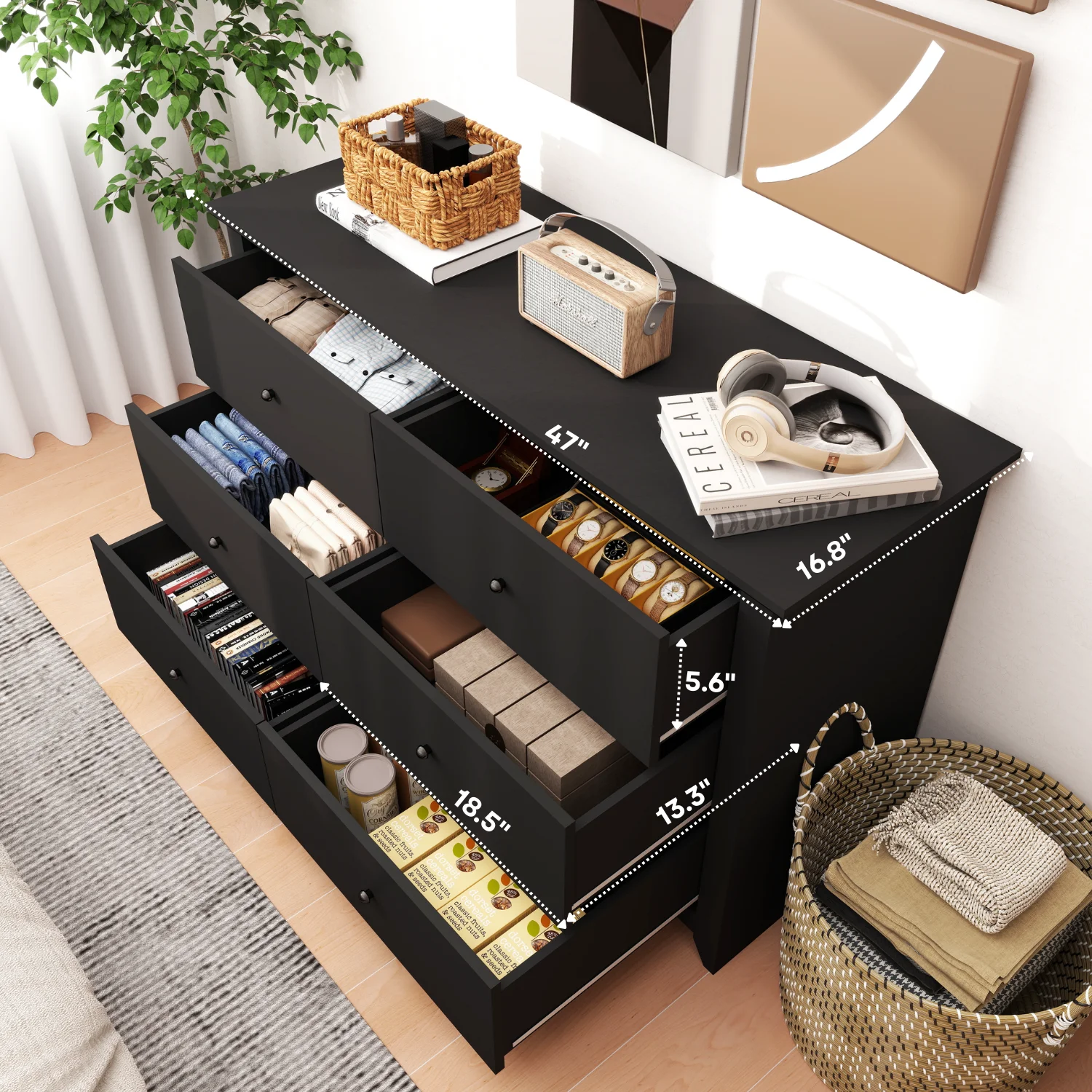 TrumanPick Black Dresser for Bedroom 6 Drawer Double Dresser Wood Wide Chest of Drawers for Living Room Hallway 47"L x 17"W x 33"H