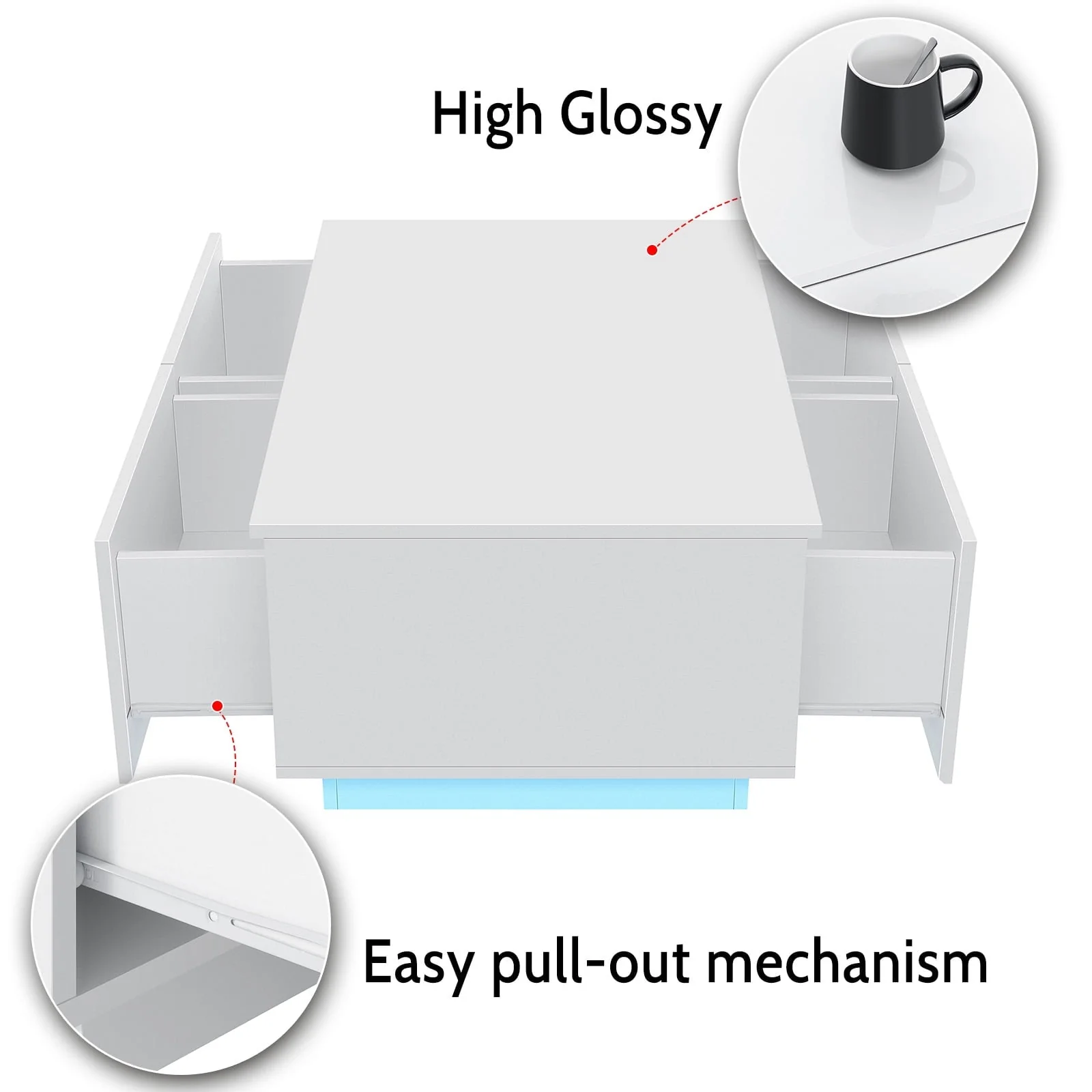 Hommpa Rectangular Coffee Table with LED Lights Tea Tables with 4 Drawers High Gloss Modern Living Room Furniture White Finish Sofa Side Table 37.4 x 23.6 x 15.4 Inches