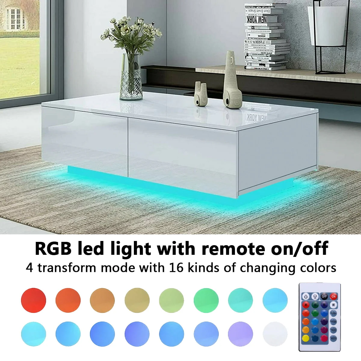 Hommpa Rectangular Coffee Table with LED Lights Tea Tables with 4 Drawers High Gloss Modern Living Room Furniture White Finish Sofa Side Table 37.4 x 23.6 x 15.4 Inches
