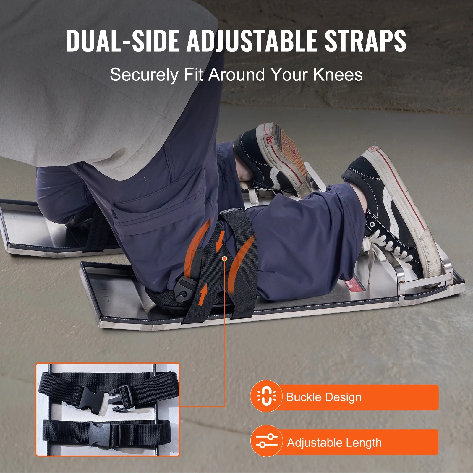 KFFKFF 28″ x 8″ Concrete Slider Knee Board Stainless Steel Slide Board with Straps