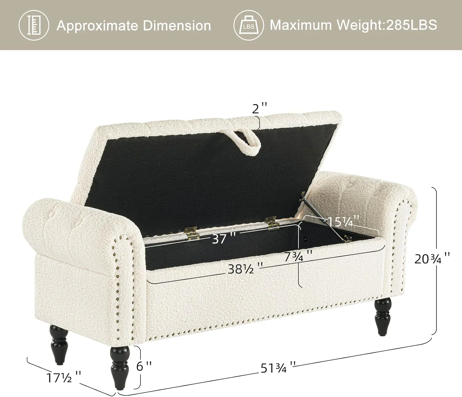 Furniliving Modern Storage Ottoman Bench, Sherpa Ottoman End of Bed Bench with Solid Wood Legs Upholstered Ottoman Benches with Storage Indoor Bench for Living Room with Rolled Arm, Entryway, White