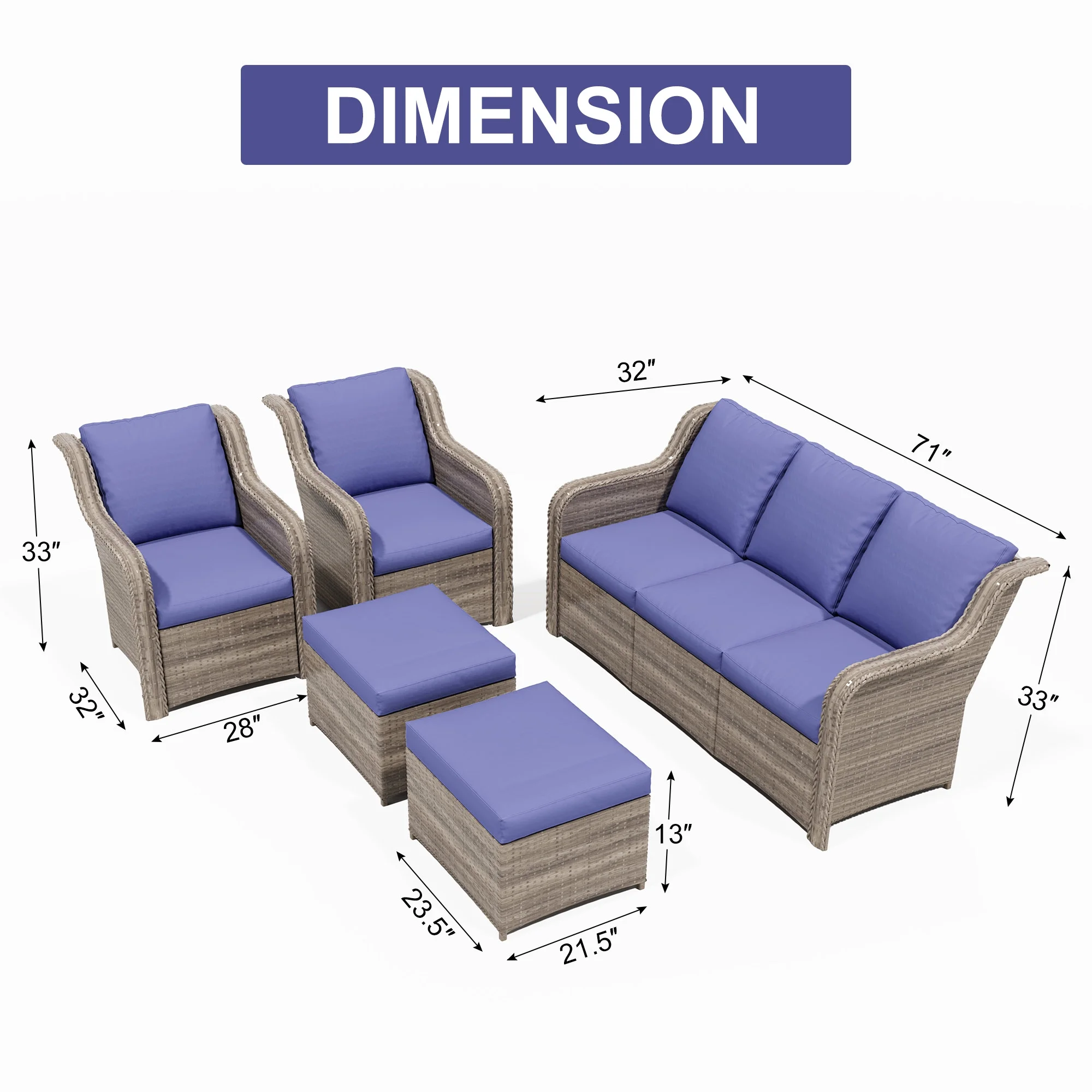 Ainfox 7 Pcs Outdoor Patio Furniture Sofa Set, Grey Rattan Grey Cushion