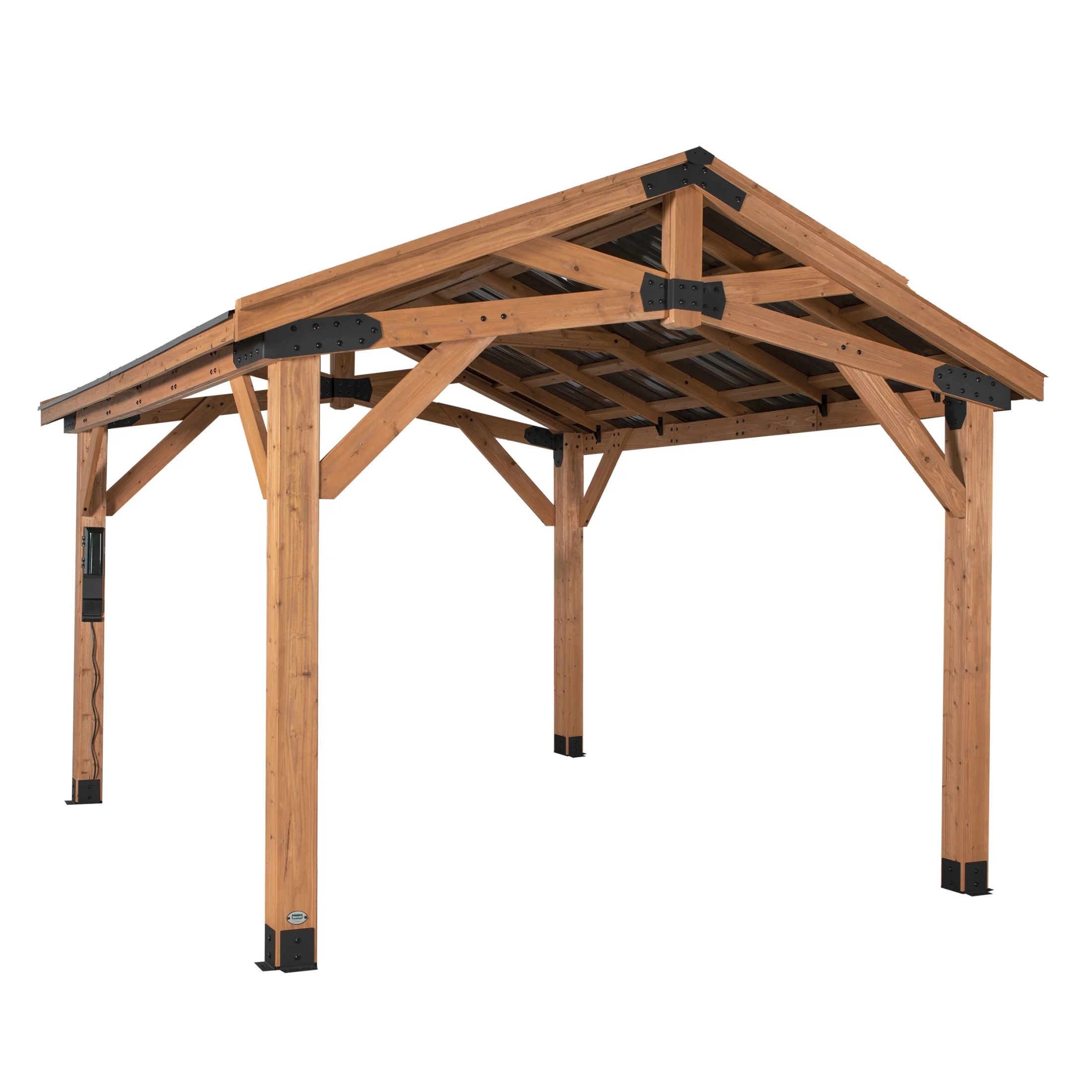 Backyard Discovery Norwood 14′ x 12′ Cedar Wood Gazebo, Galvanized Steel Roof, PowerPort