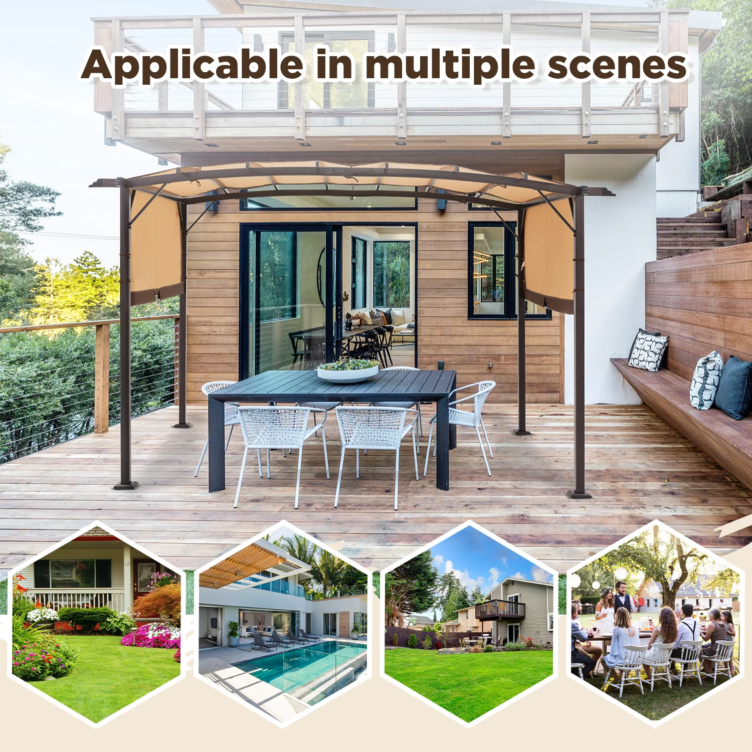 AECOJOY 12X 9Outdoor Retractable Steel Pergola Canopy with Adjustable Shade-Beige