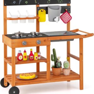 OLAKIDS Mud Kitchen, Outdoor Play Kitchen with Wheels 3 Cups Removable Sink Cooking Accessories Wooden Kids Kitchen Playset Backyard Garden Toys Gift for Boys Girls Ages 3+