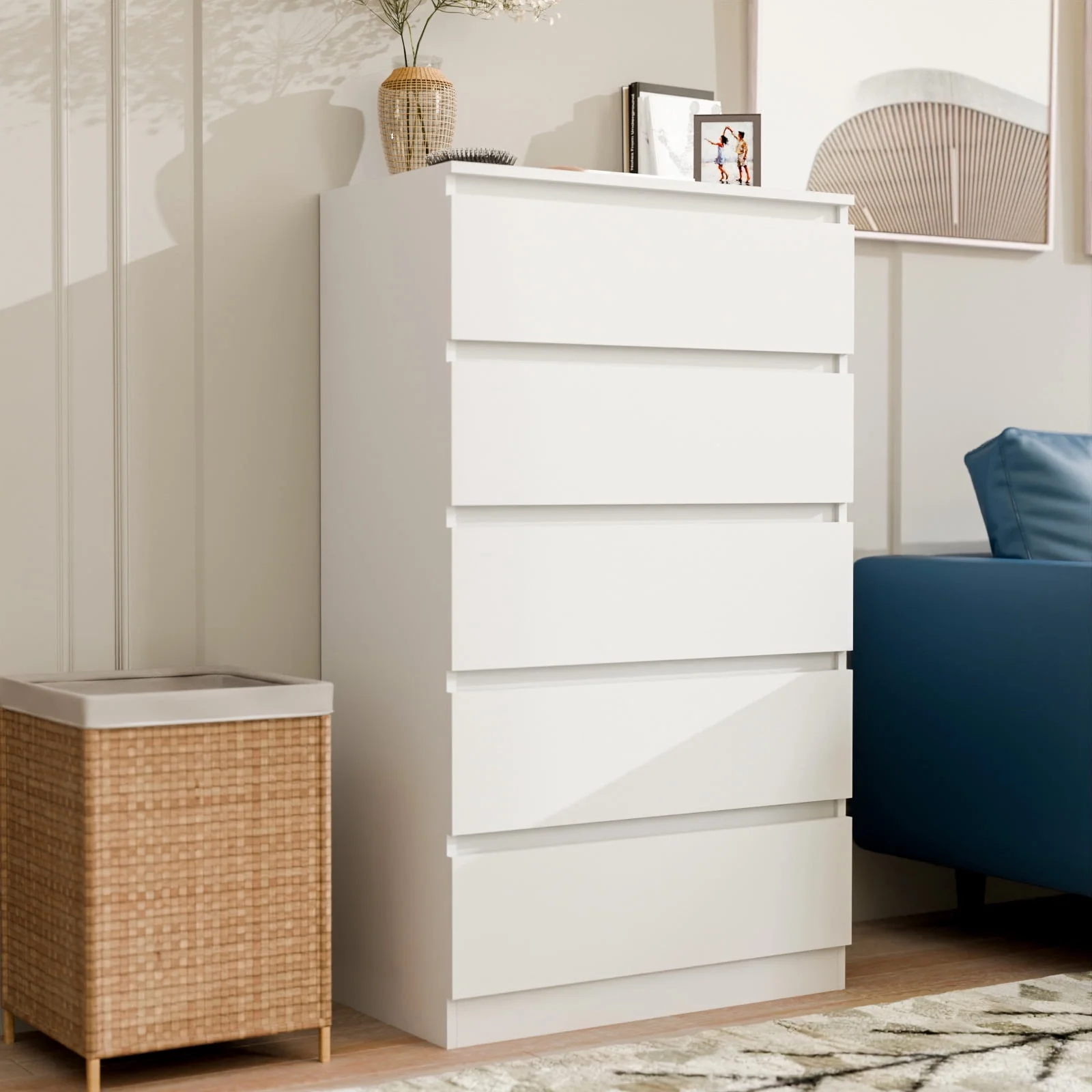 Hommpa Dresser for Bedroom, 48"H White Dresser for Closet, 5 Drawers Tall Wooden Modern Storage Chests of Drawers for Women, Living Room Furniture 27.5"L X 15.7"W X 48"H