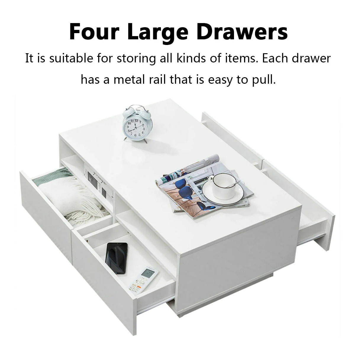 Hommpa LED Coffee Table Rectangular High Gloss Coffee Tea Table Modern Center Table with LED Light 4 Storage Drawers Sofa End Table for Living Room 35.4 x 22 x 13.8 Inches