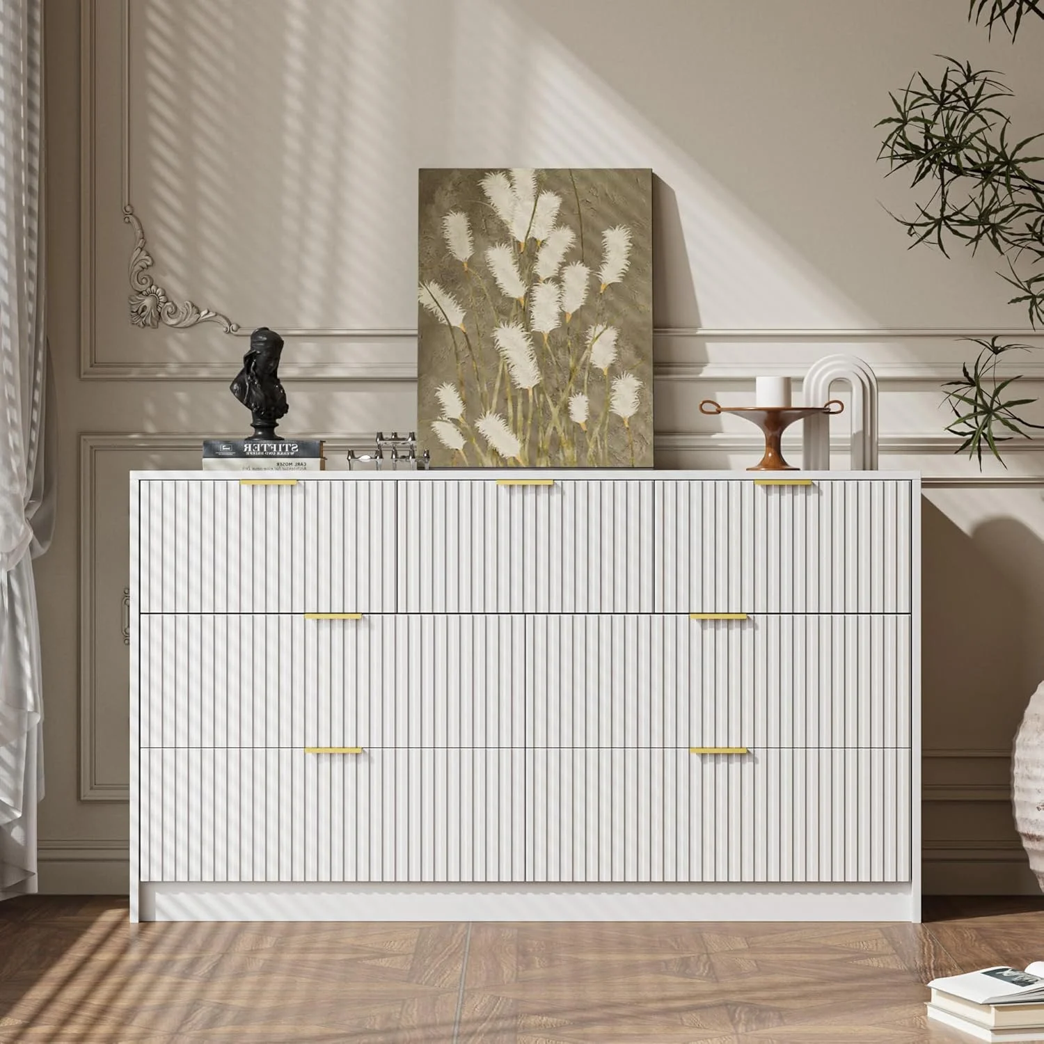 Furniway Black Dresser for Bedroom, 8 Drawer Double Dresser, Modern Chest of Drawers for Bedroom, Living Room, Entryway and Closet, 55" L x 15.7" D x 37.4" H