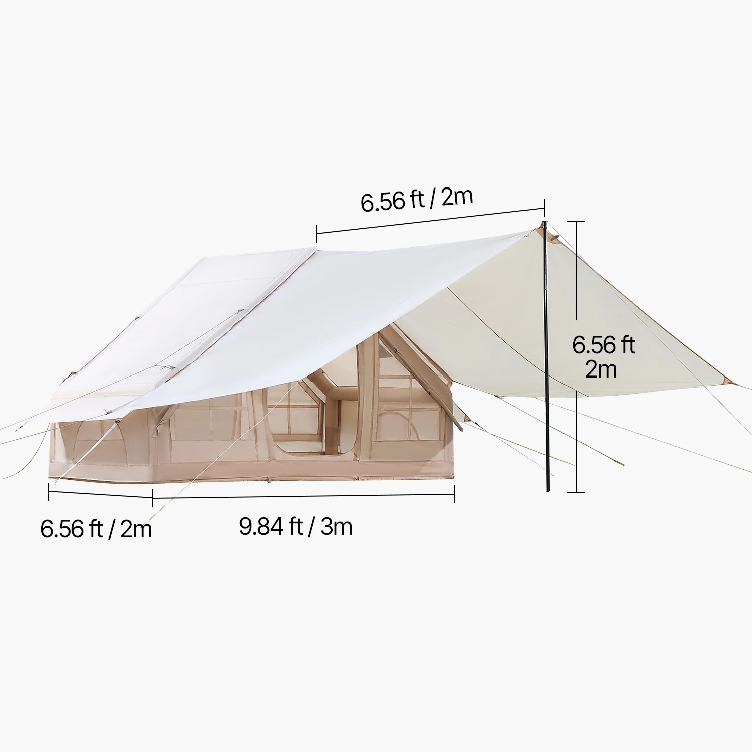 KFFKFF Inflatable Camping Tent for 3-5 Person, 9.84 x 6.56 x 6.56 Ft 300D Oxford Fabric Glamping Blow up Tent with Hand Pump, Waterproof Air Tent with Stove Jack