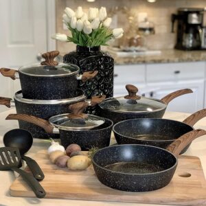 Kitchen Academy Induction Cookware Sets - 12 Piece Green Cooking Pan Set, Granite Nonstick Pots and Pans Set