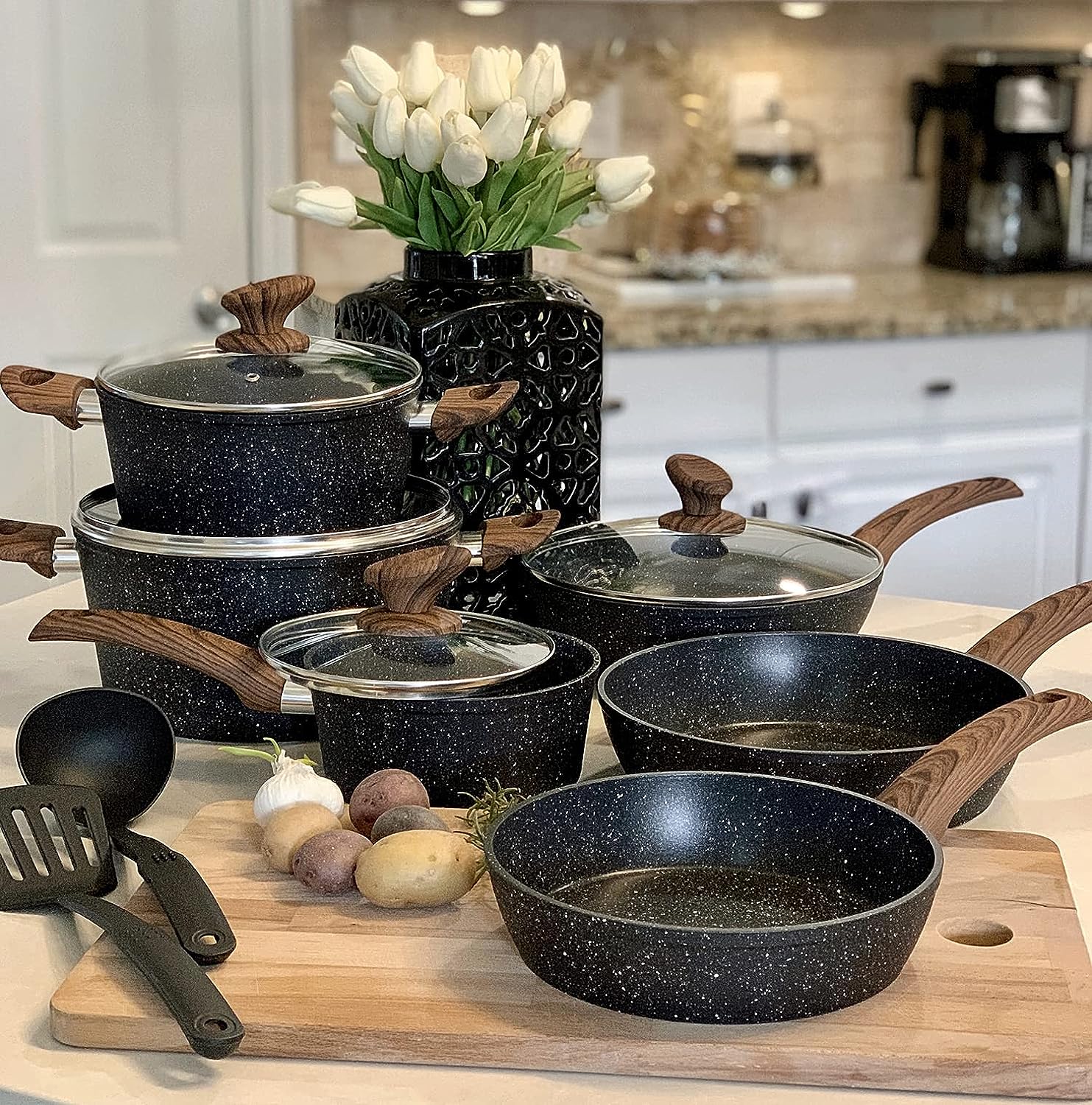 Kitchen Academy Induction Cookware Sets – 12 Piece Green Cooking Pan Set, Granite Nonstick Pots and Pans Set
