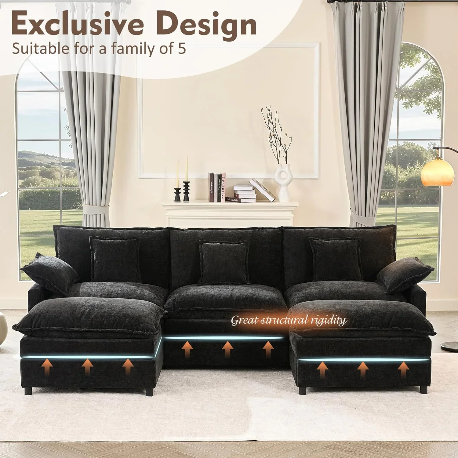108 Inch U Shape Sofa Sectional Sofa Comfortable Cloud Sofa with Removable Footstool