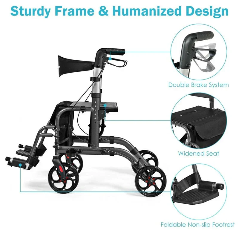 2 In 1 Rollator Walker Wheelchair Folding Medical Walker Aluminum Transport Chair Mobility Walking Aid - Comfortable And Ergonomic Design