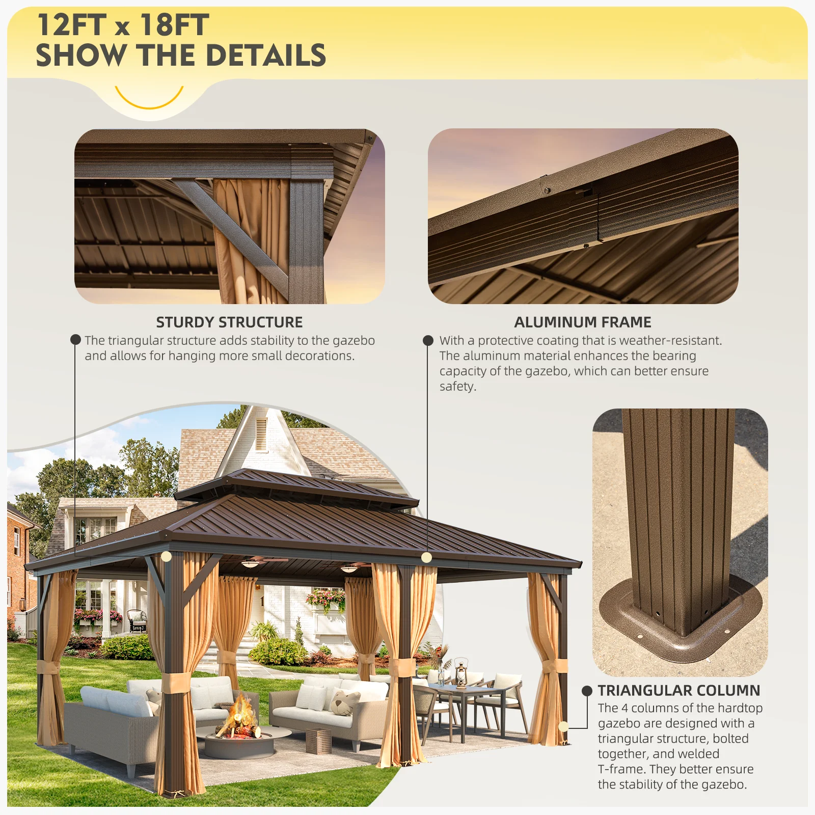 Hommow 10' X 12' Hardtop Gazebo Aluminum Frame Gazebo with Galvanized Steel Double Roof