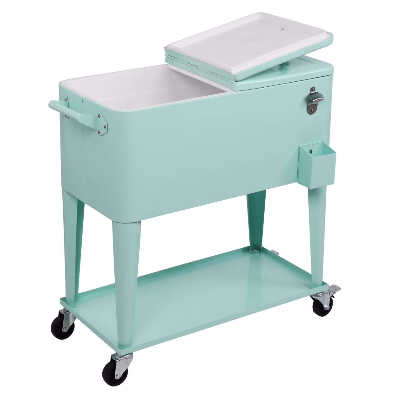 80Qt All-In-One Cooler Cart With Bottle Opener, Lower Storage Shelf and Cap Catcher, Outdoor Party Rolling Cooler With Lockable Wheels For Pool Side, Patio, Balcony, Mint(33.07 x 15.16 x 35.83)”