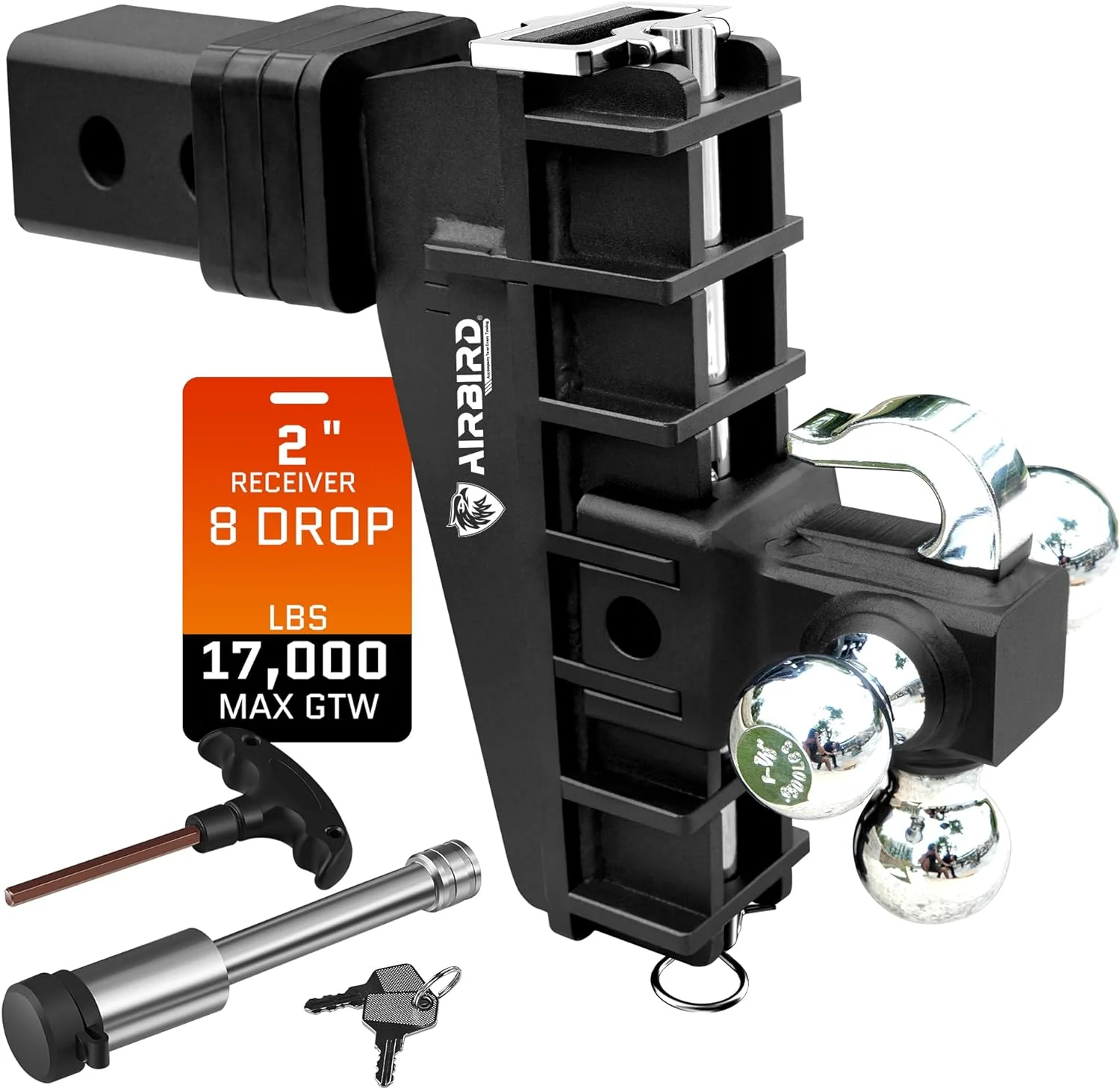 Adjustable Trailer Hitch Fits 2-Inch Receiver, Heavy Duty Tow Hitches (17000 LBS GTW) 6 Inch Drop Truck Hitch Tri-Ball Mount with Hook (1-7/8″ x 2″ x 2-5/16″)