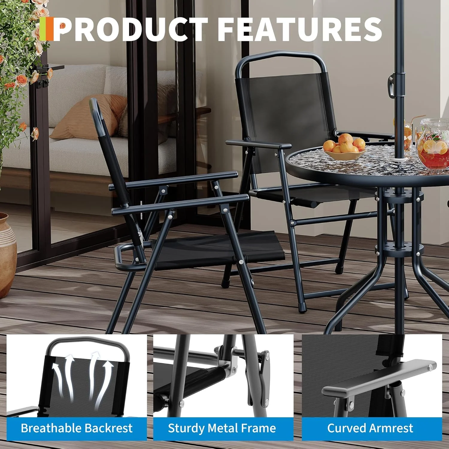 6 Pieces Outdoor Dining Set With Umbrella, Patio Table and 4 Folding Chairs With Umbrella, Garden Patio Furniture Set With Umbrellas, Tempered Glass Top Dining Table