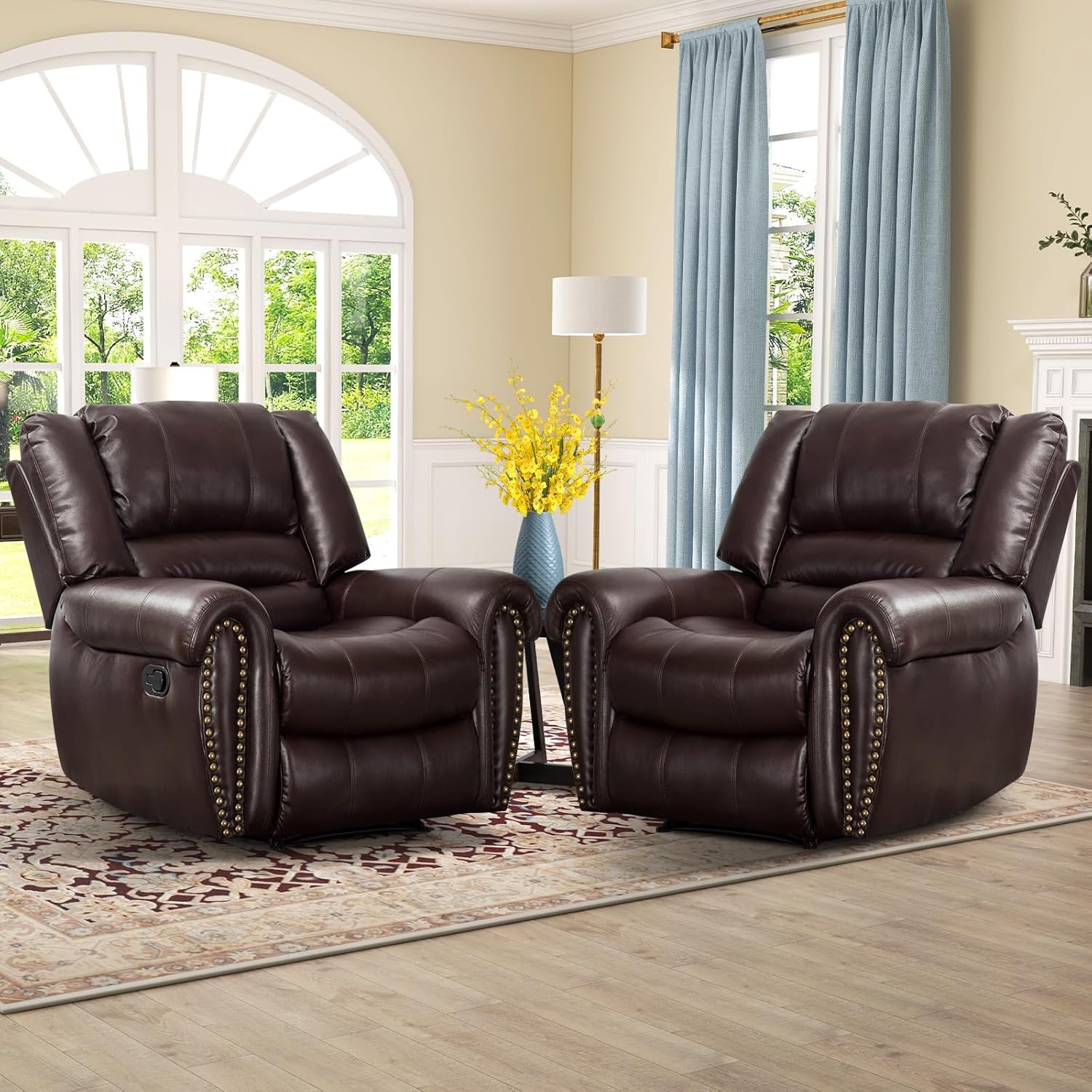 CANMOV Leather Recliner Chair, Classic and Traditional Manual Recliner Chair with Comfortable Arms and Back Single Sofa for Living Room, Nut Brown