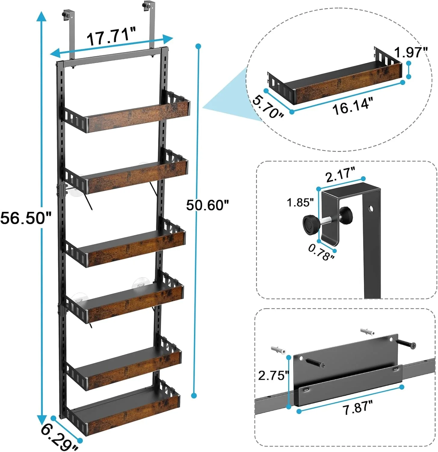 Over the Door Pantry Organizer, 6-Tier Adjustable Wooden Basket Kitchen Pantry Door Organization and Storage, Heavy-Duty Metal Hanging Kitchen Spice Rack,D6.3 x W17.71 x H50.60 inch,1 Pack