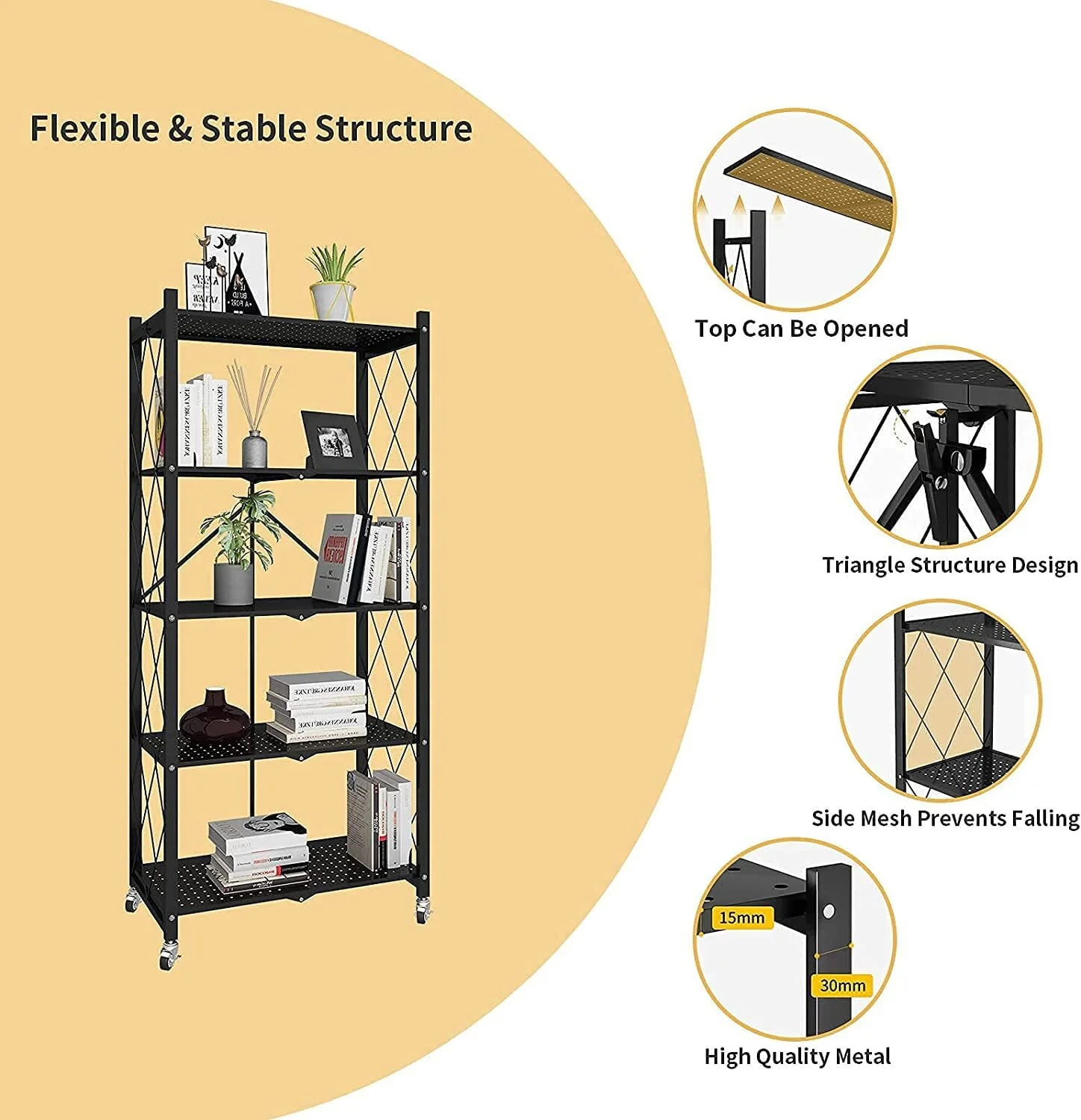 Foldable 28.35''W x 14.96''D x 63.19''L Storage Shelving Unit,Heavy Duty Metal Shelf,Foldable Shelf with Wheels,Garage Shelf Rack,Heavy Duty Pantry Organizer
