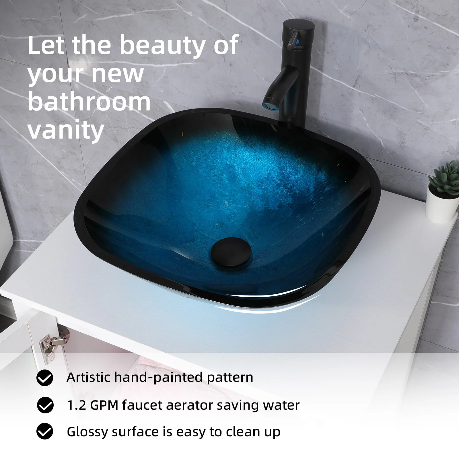 Eclife 24"W x 20"D x 32"H Classical Bathroom Vanity Vessel Sink Set with Faucet, Mirror White Vanity and Ocean Blue Square Glass Sink Pop up Drain Combo