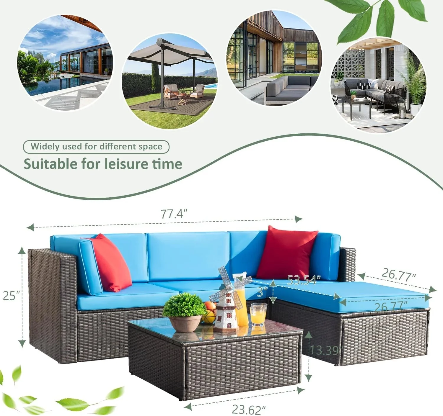 Devoko 5 Pieces Patio Furniture Sets All Weather Outdoor Sectional Patio Sofa Manual Weaving Wicker Rattan Patio Seating Sofas with Cushion and Glass Table(Beige)