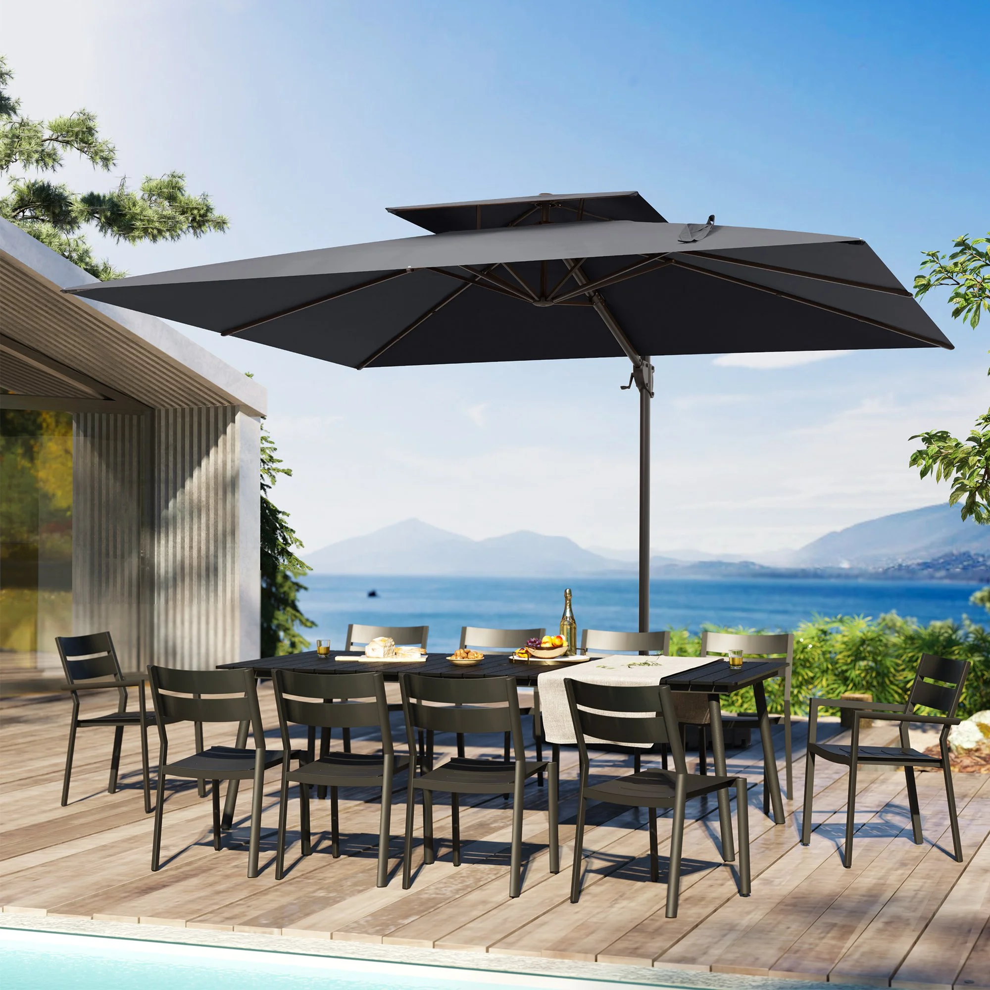 Pellebant 11 ft. x 9 ft. Rectangular Double Top Patio Cantilever Umbrella, Black