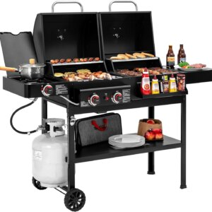 2-Burner Gas and Charcoal Grill Combo with Offset Smoker & Side Burner, 34,000 BTU Dual