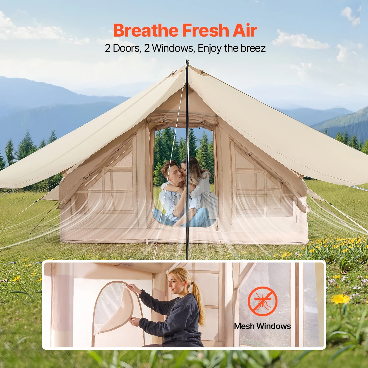 KFFKFF Inflatable Camping Tent for 3-5 Person, 9.84 x 6.56 x 6.56 Ft 300D Oxford Fabric Glamping Blow up Tent with Hand Pump, Waterproof Air Tent with Stove Jack