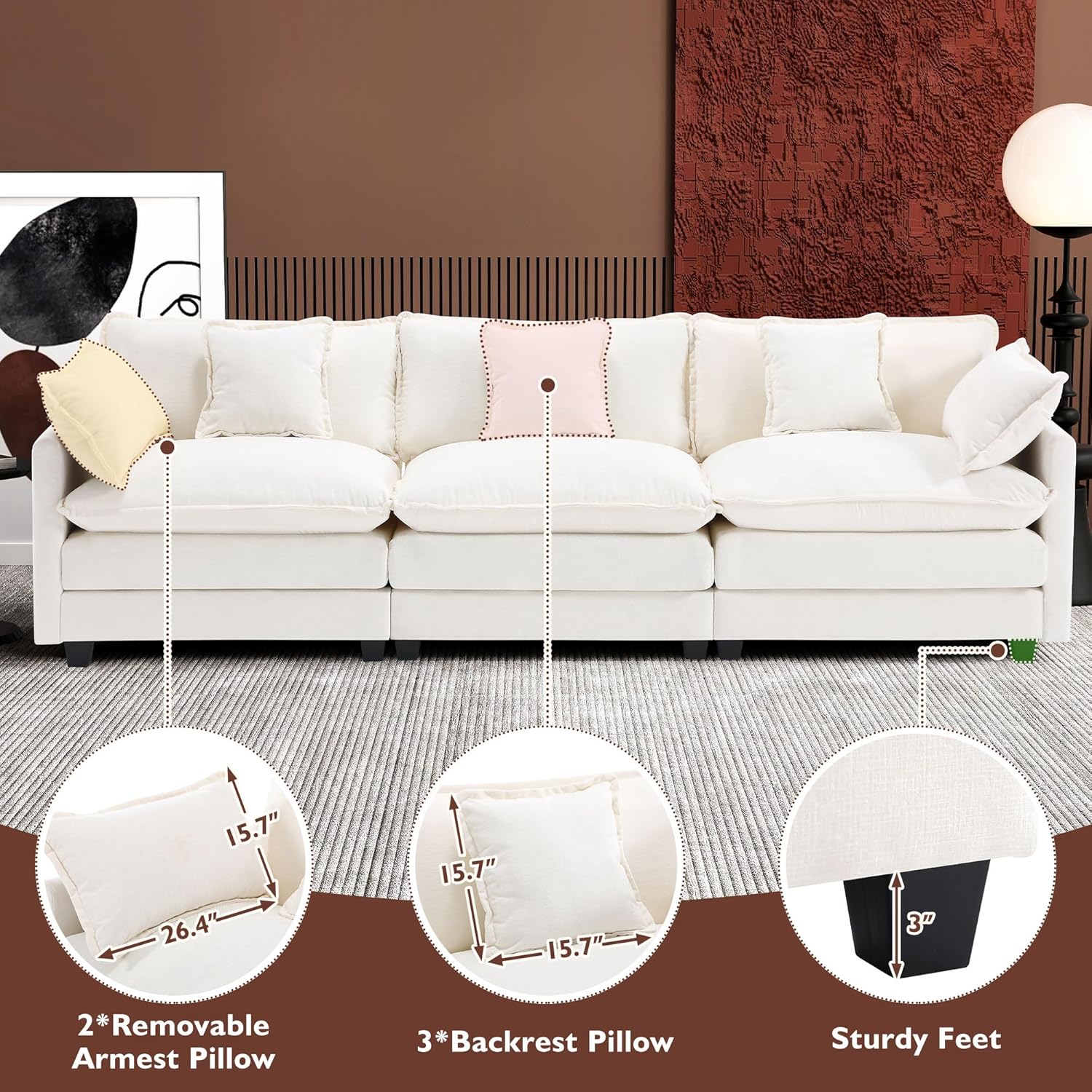 Ihanherry 146" U-Shaped Modern Sofa Modular Sectional Cloud Couch with 2 Ottoman, 6-Seat Chenille Deep Seat Sofa with 6 Pillows for Living Room, Bedroom and Apartment, Grey