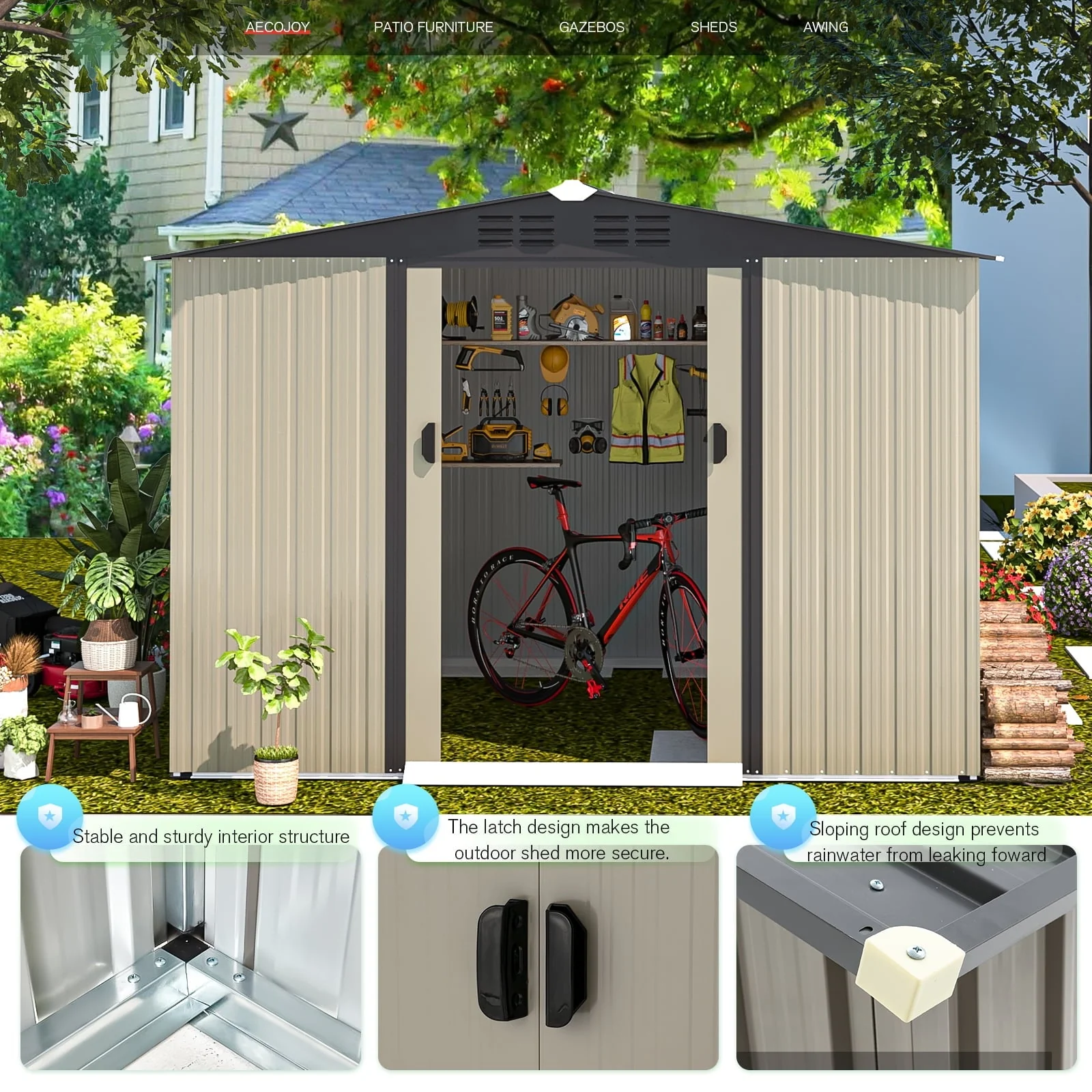 AECOJOY 8 x 6 ft. Outdoor Metal Storage Shed with Sliding Door