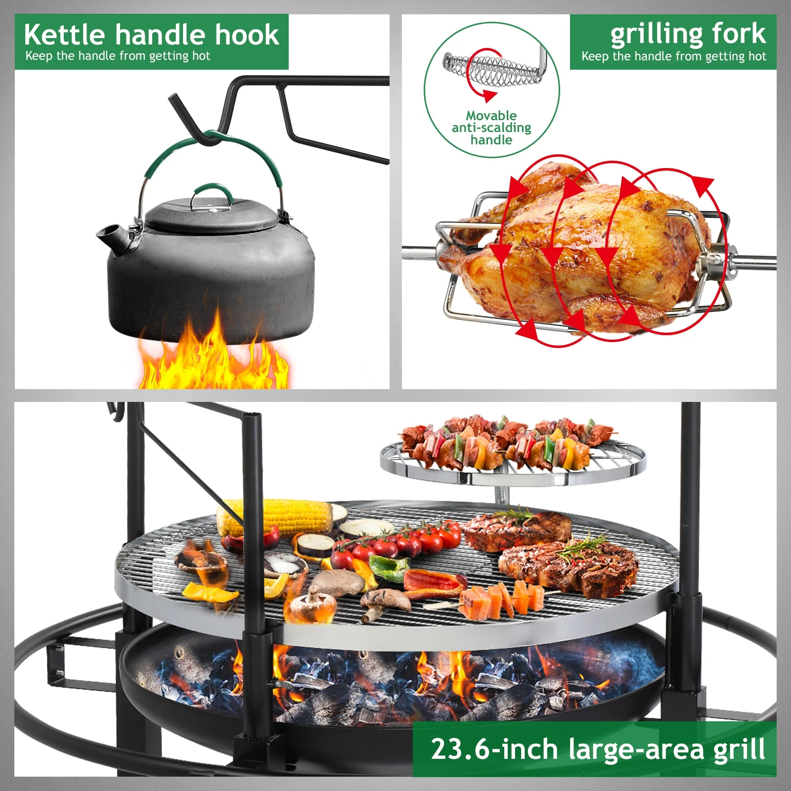 Hassch Round Iron Spray Grill Barbecue Grill Charcoal Grill Outdoor Grill Rotisserie Grill Grilling Grate Portable Outdoor Grill 33"L x 33"W x 43"H, Black