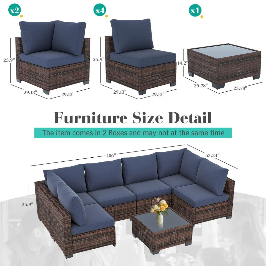 Ainfox 7 Pcs Outdoor Patio Furniture Sofa Set, Grey Rattan Grey Cushion