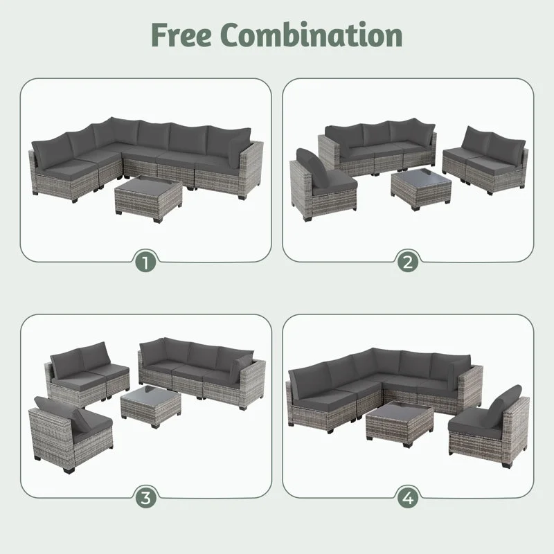 Ainfox 7 Pcs Outdoor Patio Furniture Sofa Set, Grey Rattan Grey Cushion